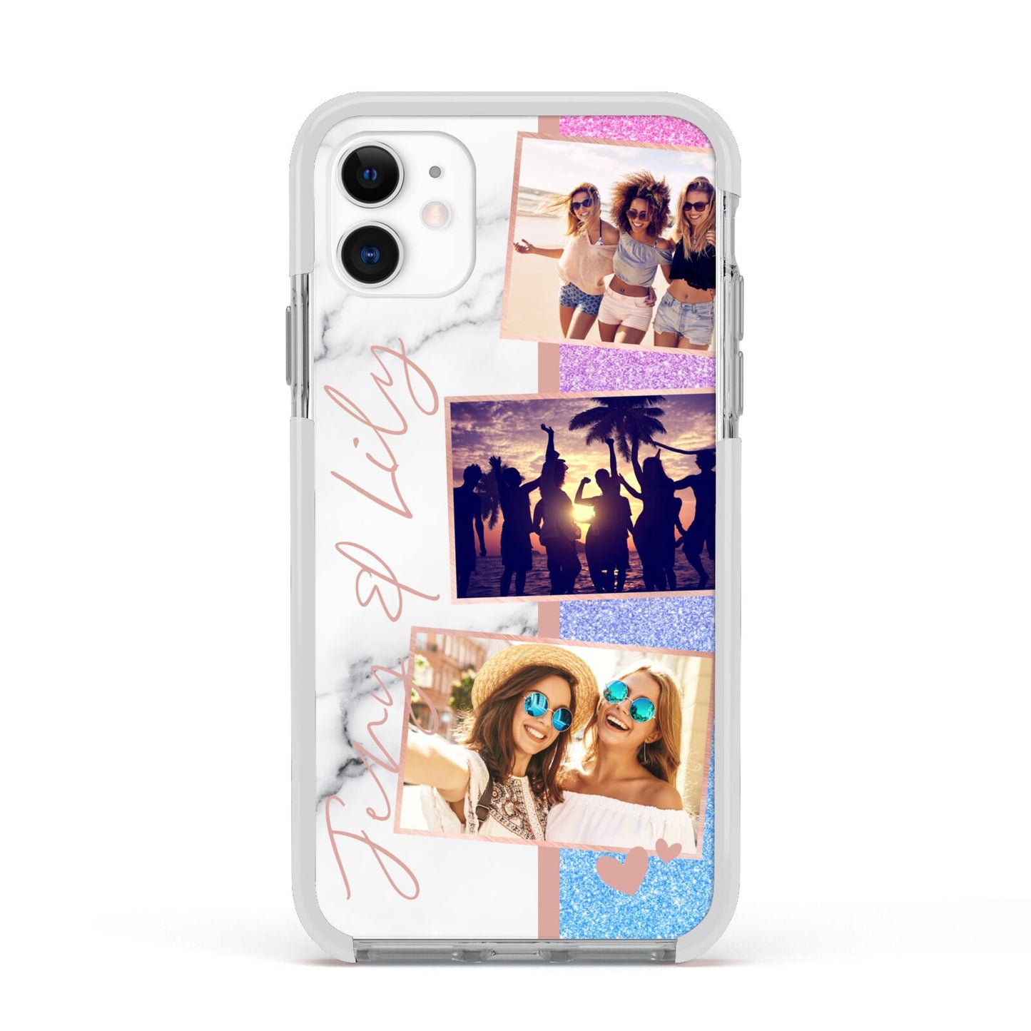Glitter and Marble Photo Upload with Text Apple iPhone 11 in White with White Impact Case