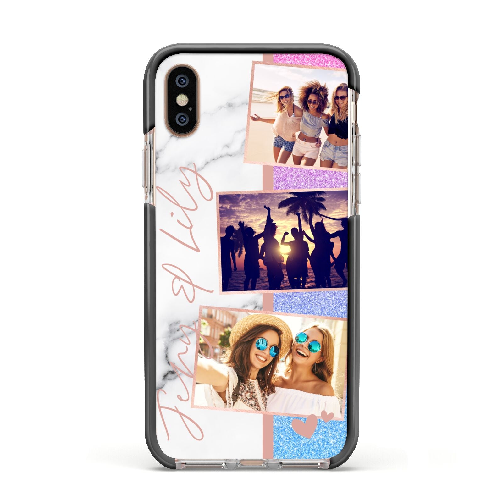 Glitter and Marble Photo Upload with Text Apple iPhone Xs Impact Case Black Edge on Gold Phone