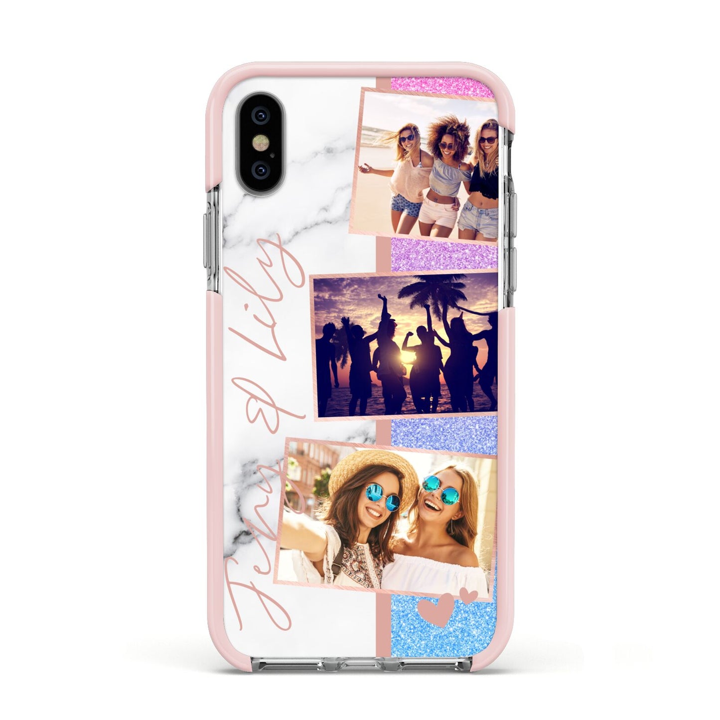 Glitter and Marble Photo Upload with Text Apple iPhone Xs Impact Case Pink Edge on Silver Phone