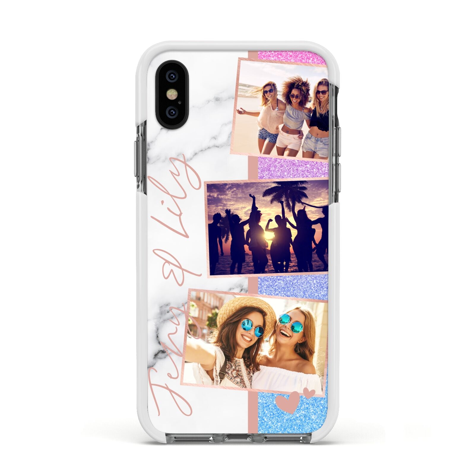 Glitter and Marble Photo Upload with Text Apple iPhone Xs Impact Case White Edge on Black Phone