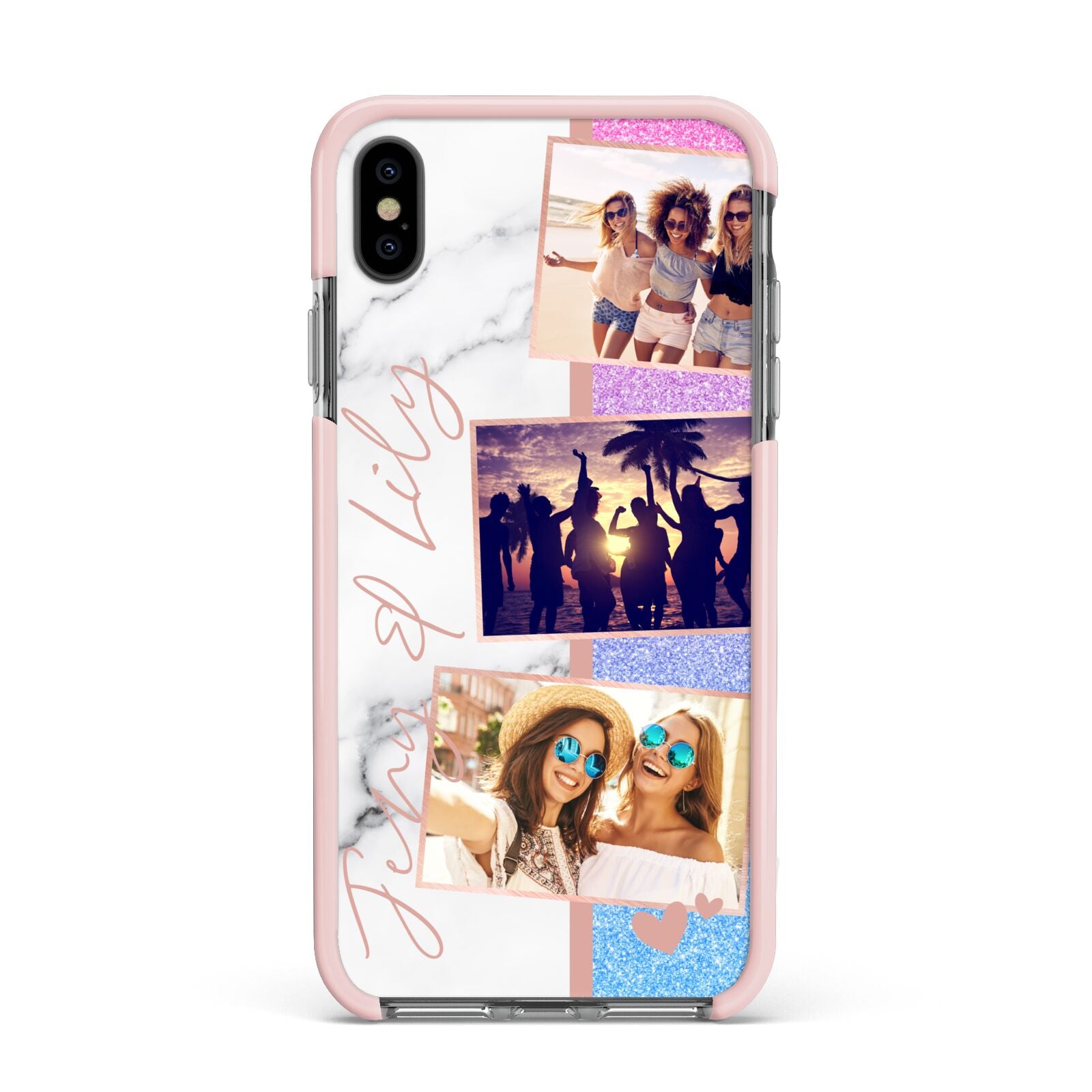 Glitter and Marble Photo Upload with Text Apple iPhone Xs Max Impact Case Pink Edge on Black Phone