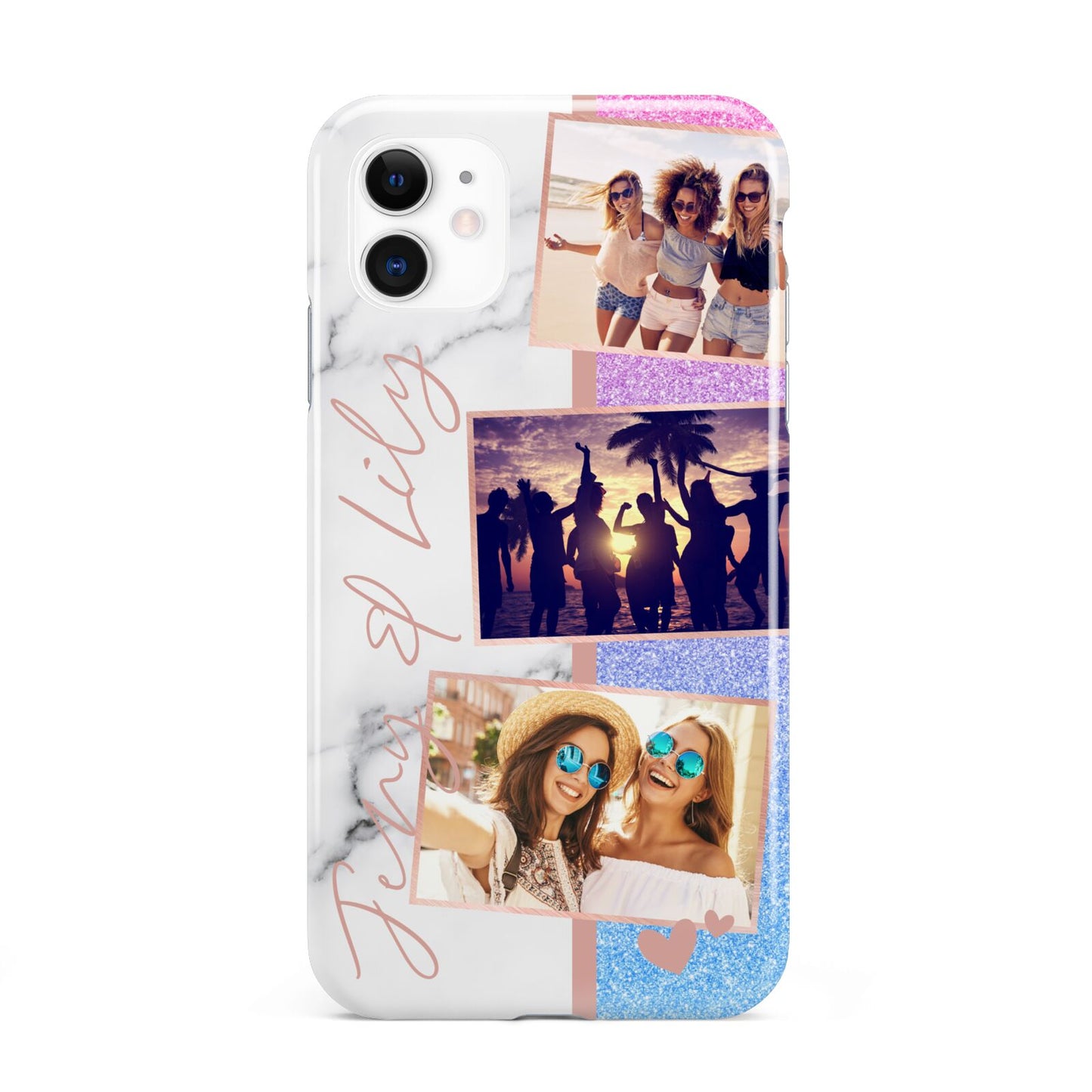 Glitter and Marble Photo Upload with Text iPhone 11 3D Tough Case