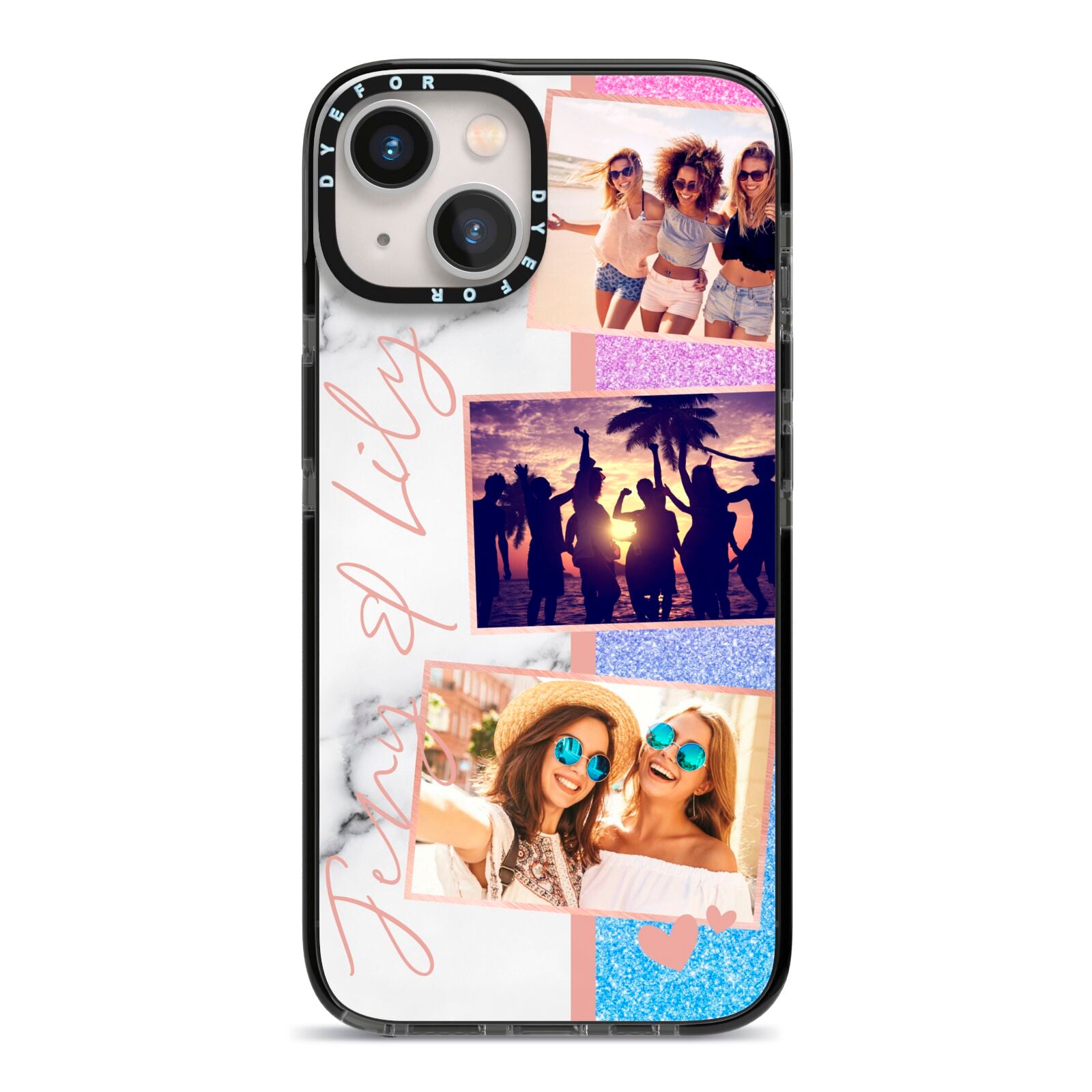 Glitter and Marble Photo Upload with Text iPhone 13 Black Impact Case on Silver phone