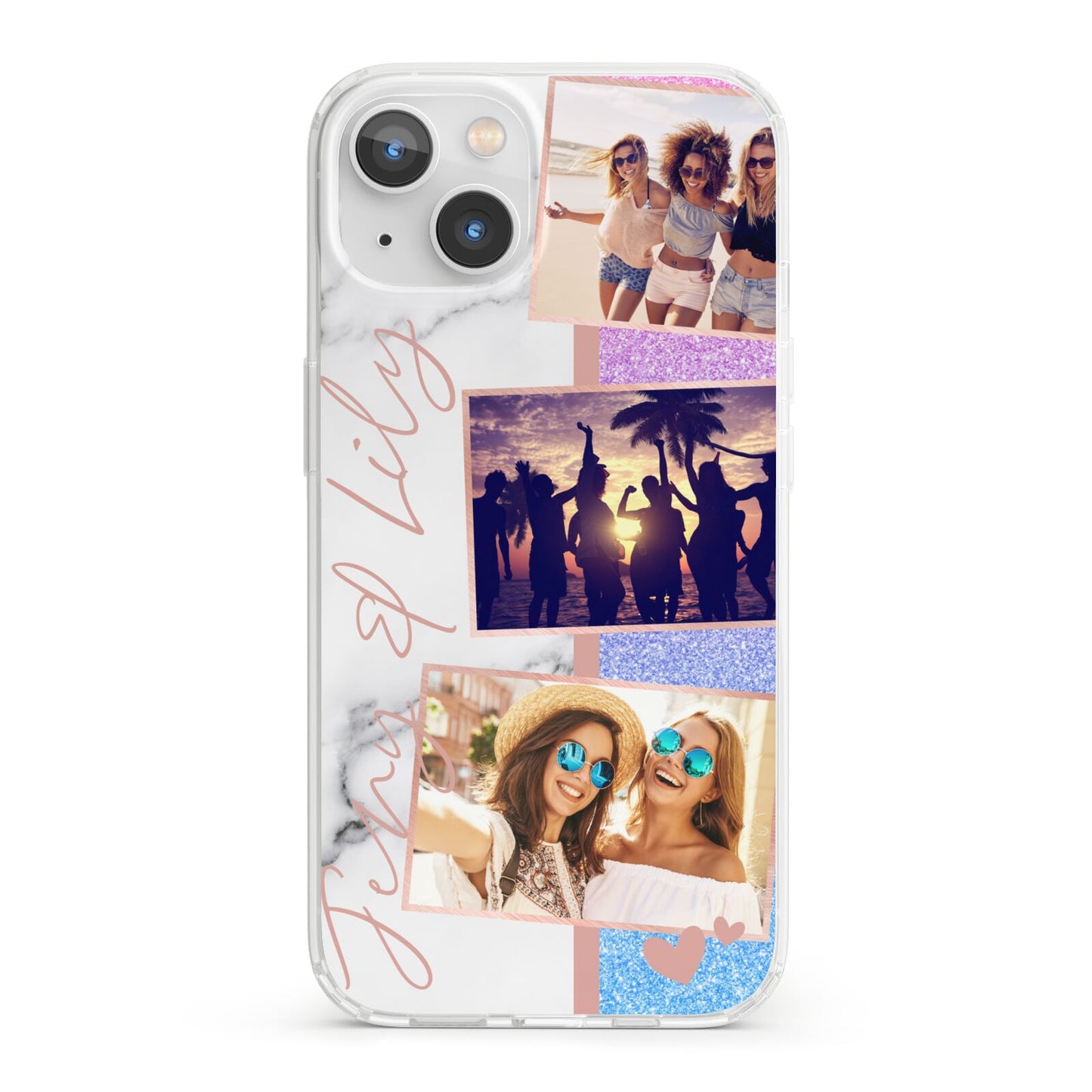 Glitter and Marble Photo Upload with Text iPhone 13 Clear Bumper Case