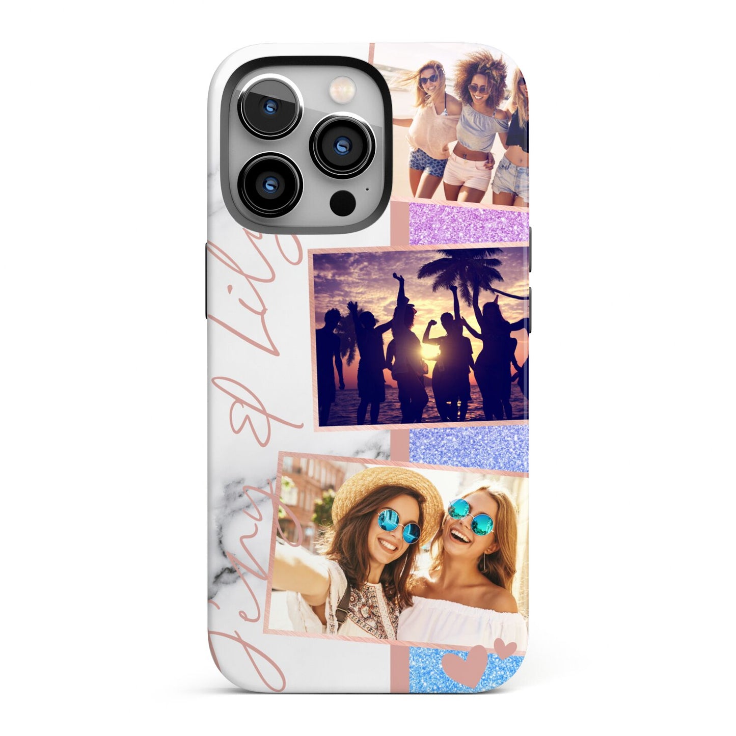 Glitter and Marble Photo Upload with Text iPhone 13 Pro Full Wrap 3D Tough Case