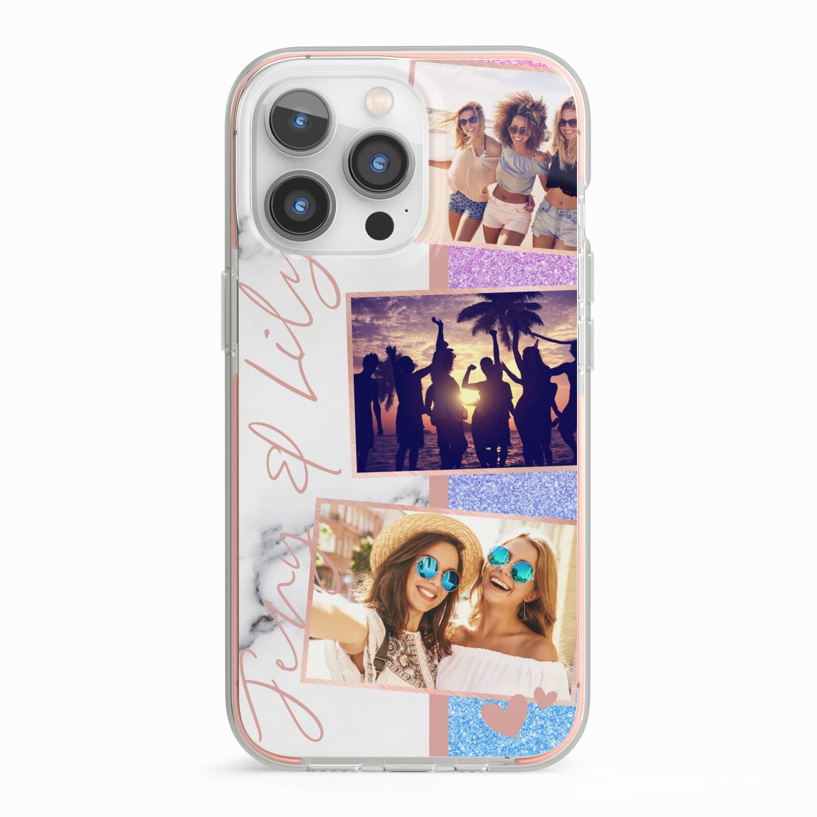 Glitter and Marble Photo Upload with Text iPhone 13 Pro TPU Impact Case with Pink Edges