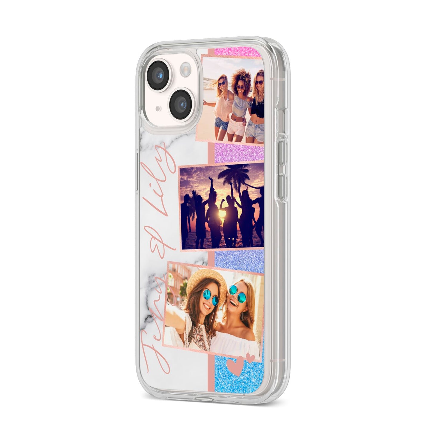 Glitter and Marble Photo Upload with Text iPhone 14 Clear Tough Case Starlight Angled Image