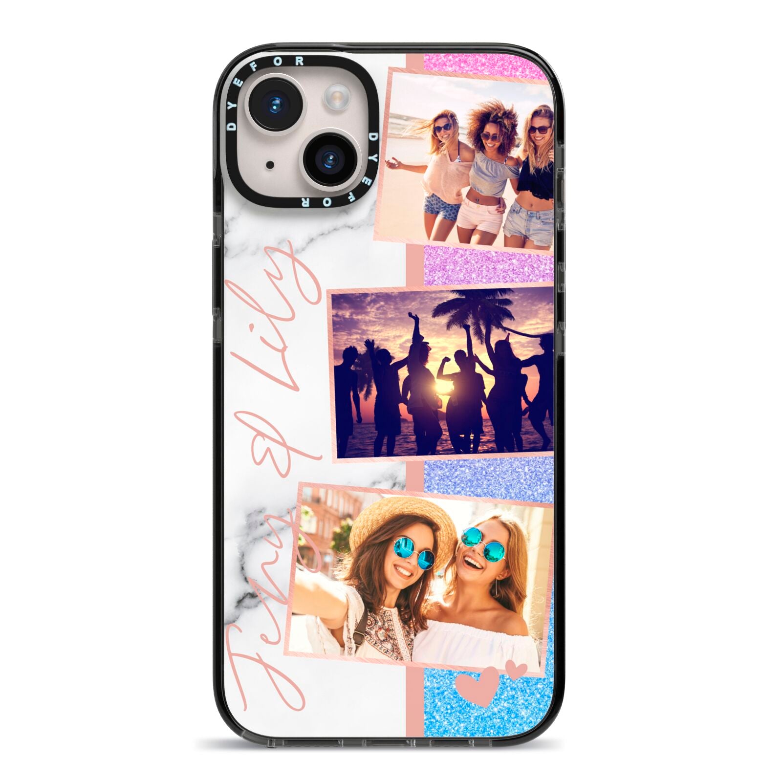 Glitter and Marble Photo Upload with Text iPhone 14 Plus Black Impact Case on Silver phone