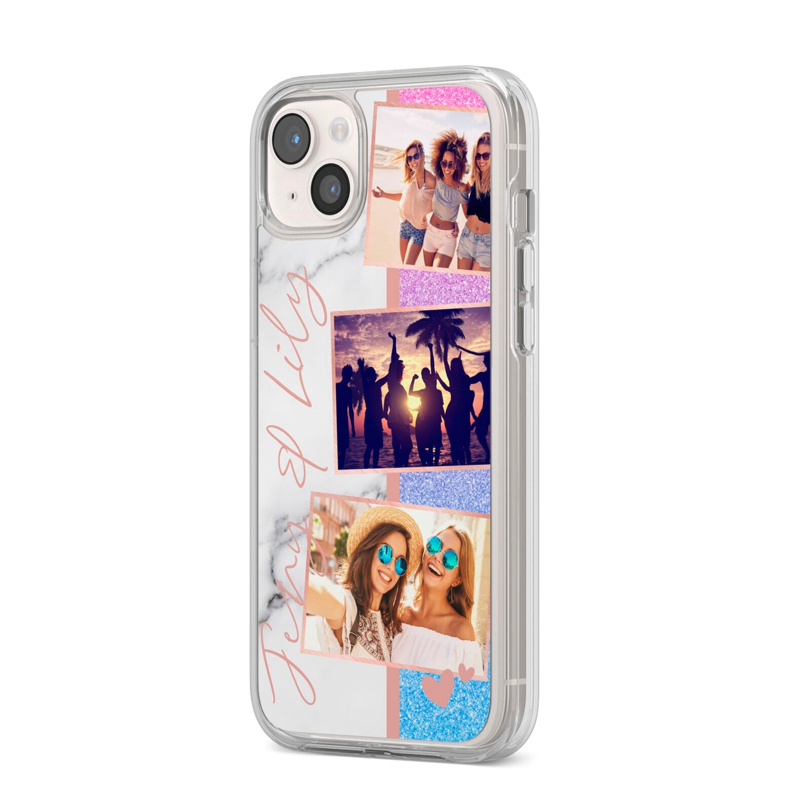 Glitter and Marble Photo Upload with Text iPhone 14 Plus Clear Tough Case Starlight Angled Image