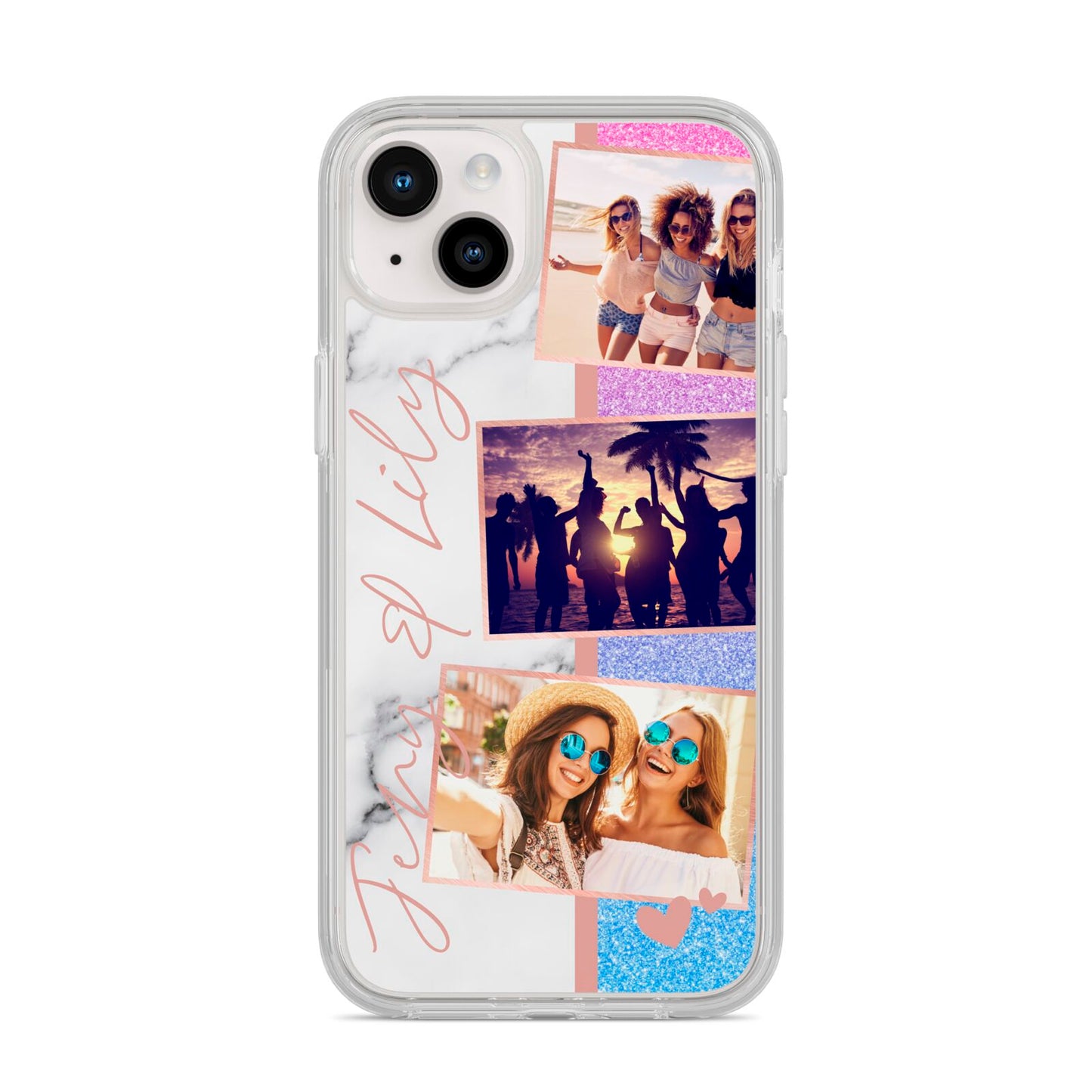 Glitter and Marble Photo Upload with Text iPhone 14 Plus Clear Tough Case Starlight