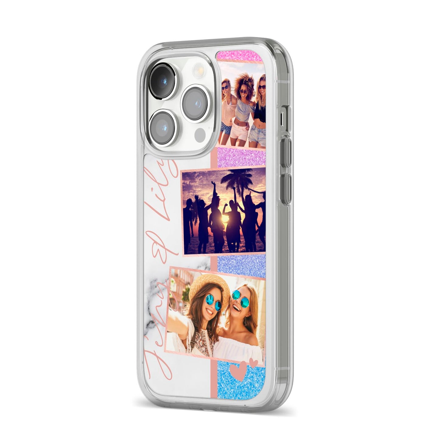 Glitter and Marble Photo Upload with Text iPhone 14 Pro Clear Tough Case Silver Angled Image