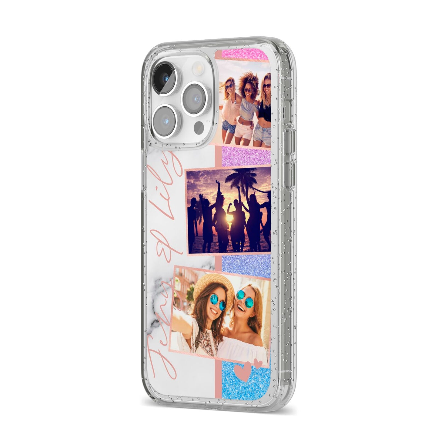 Glitter and Marble Photo Upload with Text iPhone 14 Pro Max Glitter Tough Case Silver Angled Image