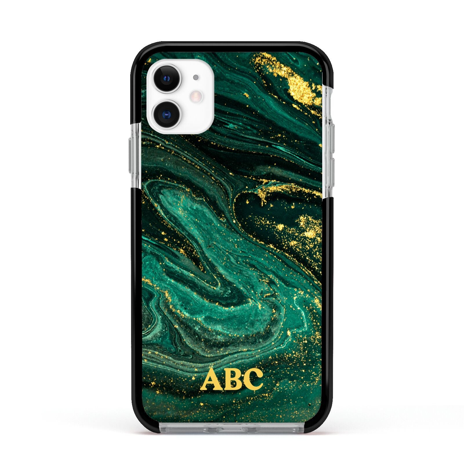 Green Gold Marble Personalised Initial Apple iPhone 11 in White with Black Impact Case