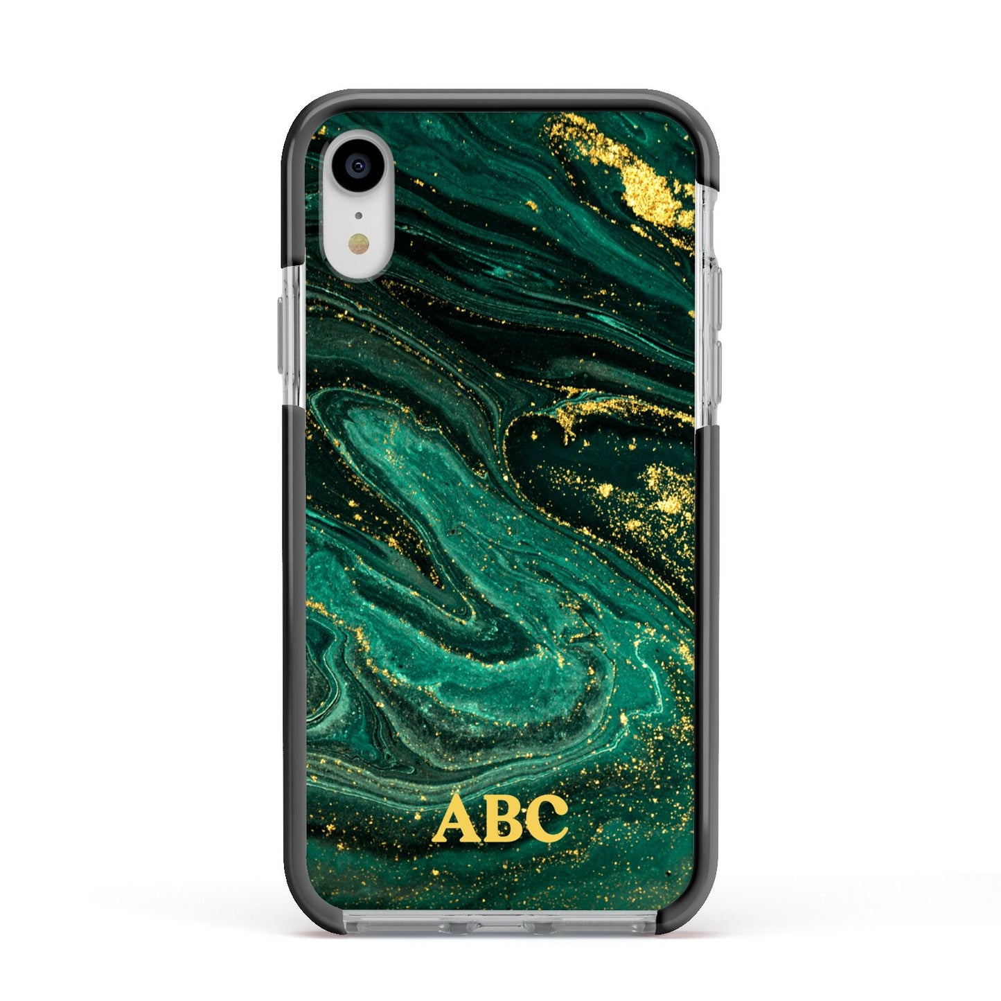 Green Gold Marble Personalised Initial Apple iPhone XR Impact Case Black Edge on Silver Phone