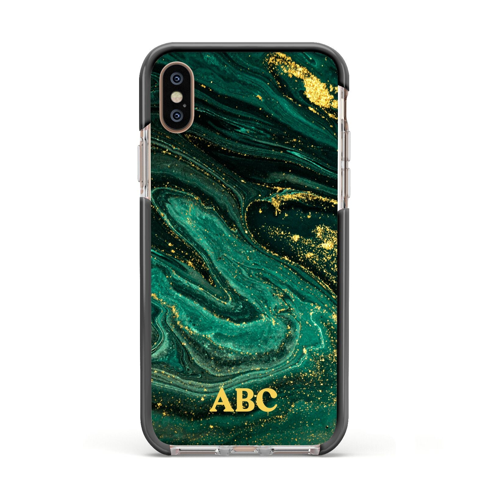 Green Gold Marble Personalised Initial Apple iPhone Xs Impact Case Black Edge on Gold Phone