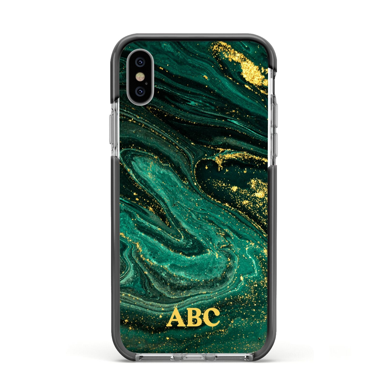 Green Gold Marble Personalised Initial Apple iPhone Xs Impact Case Black Edge on Silver Phone