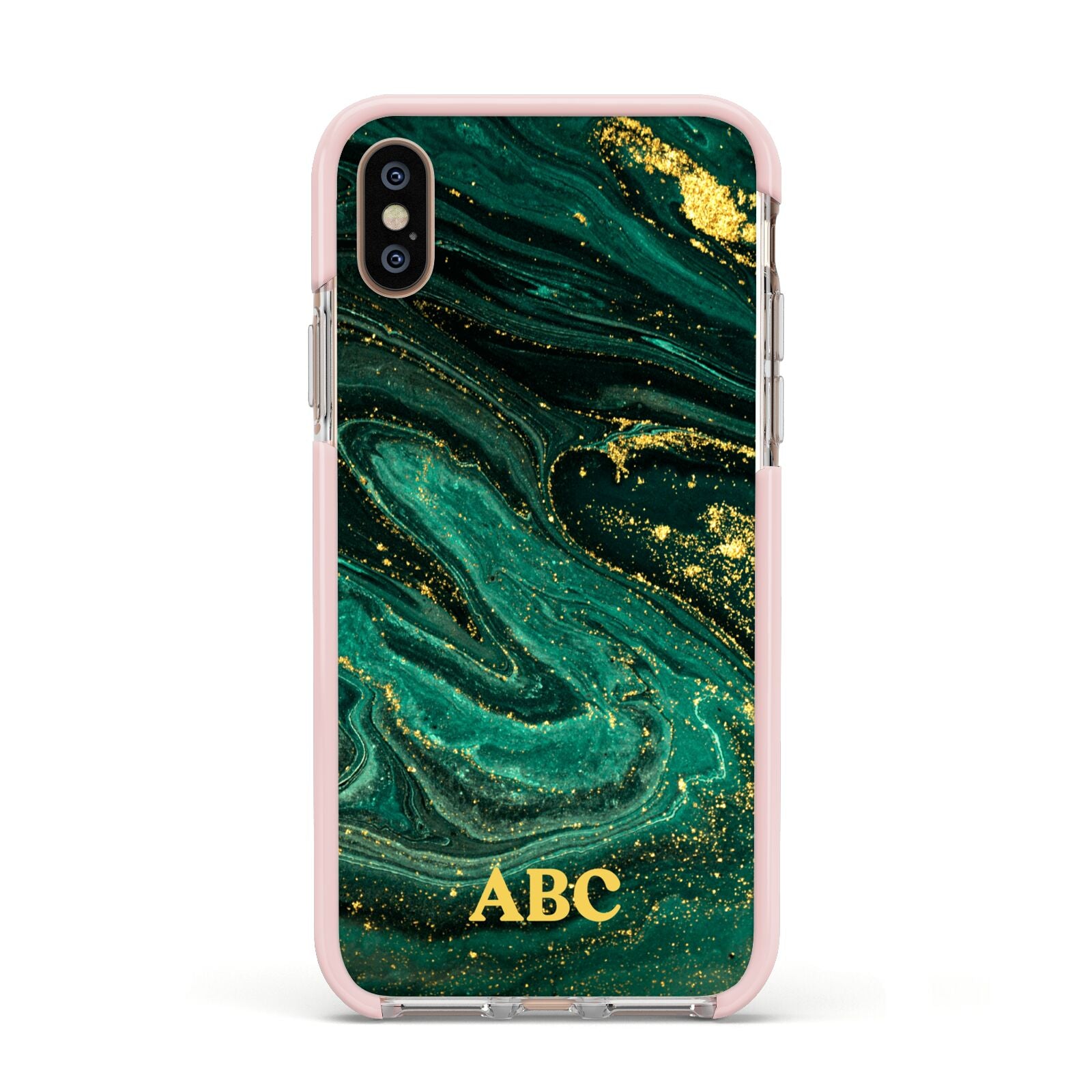 Green Gold Marble Personalised Initial Apple iPhone Xs Impact Case Pink Edge on Gold Phone