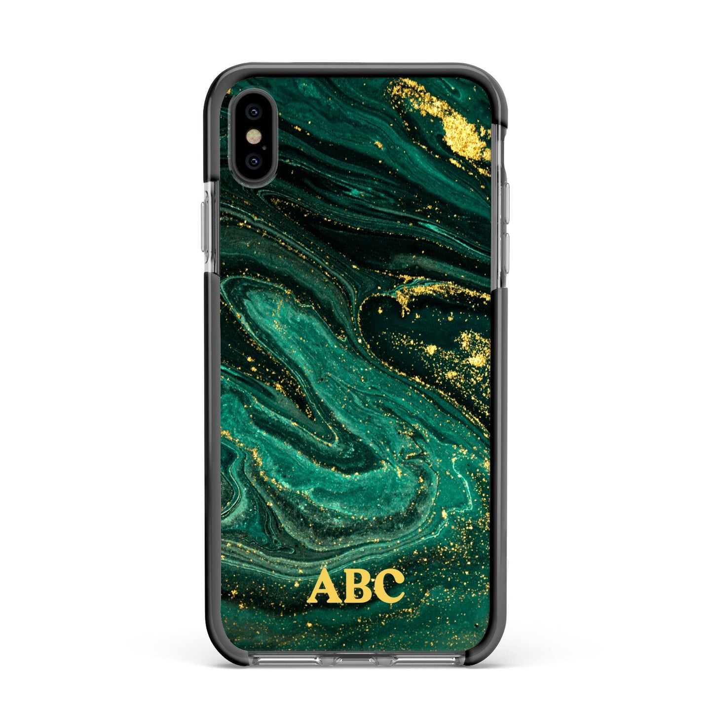 Green Gold Marble Personalised Initial Apple iPhone Xs Max Impact Case Black Edge on Black Phone