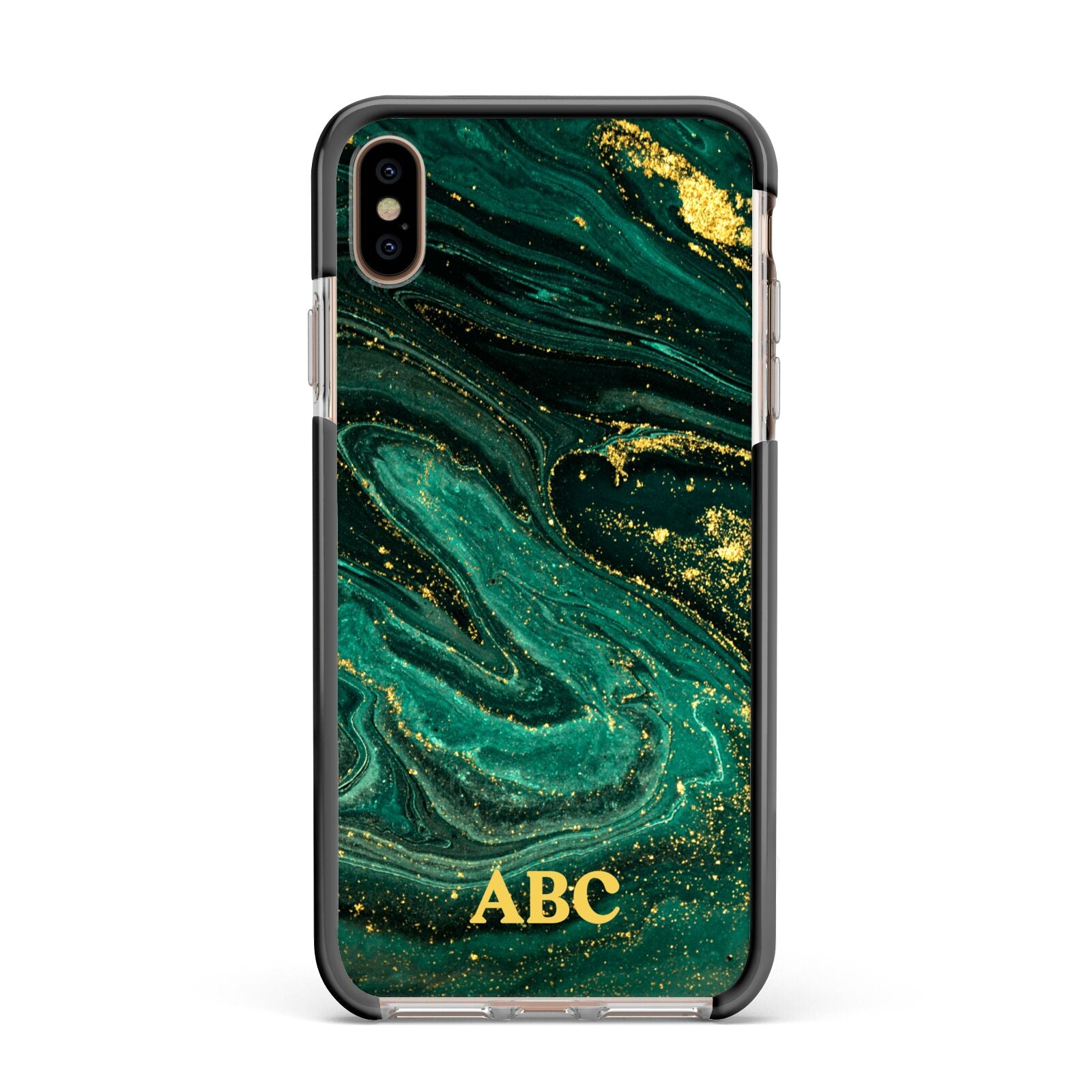 Green Gold Marble Personalised Initial Apple iPhone Xs Max Impact Case Black Edge on Gold Phone