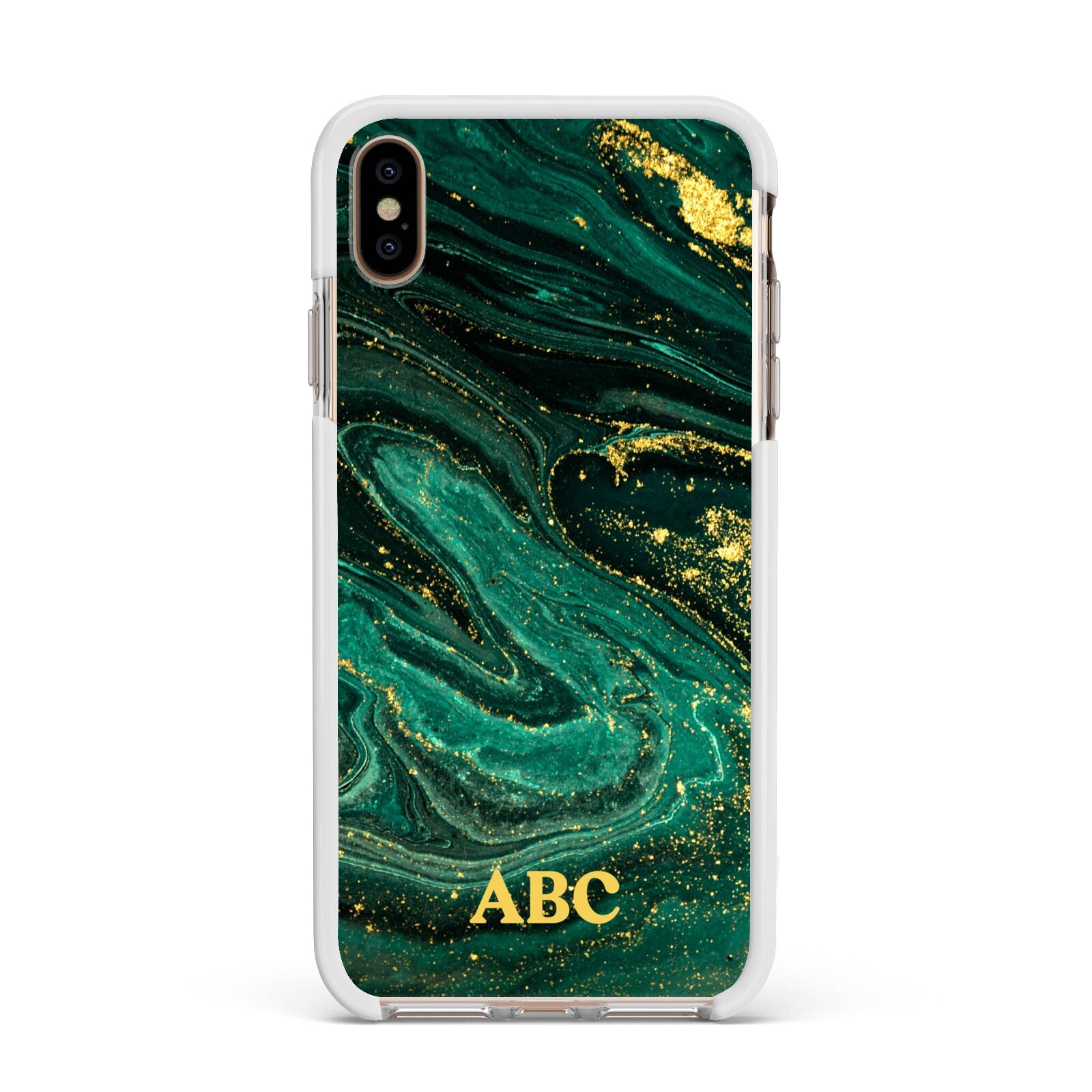 Green Gold Marble Personalised Initial Apple iPhone Xs Max Impact Case White Edge on Gold Phone