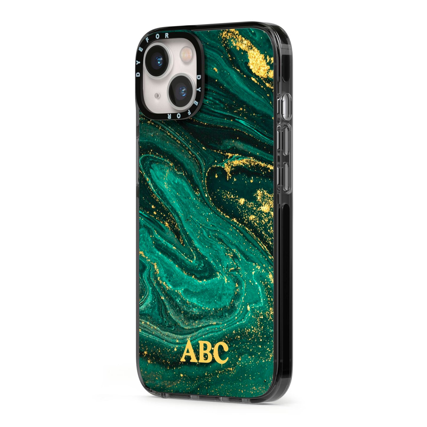 Green Gold Marble Personalised Initial iPhone 13 Black Impact Case Side Angle on Silver phone