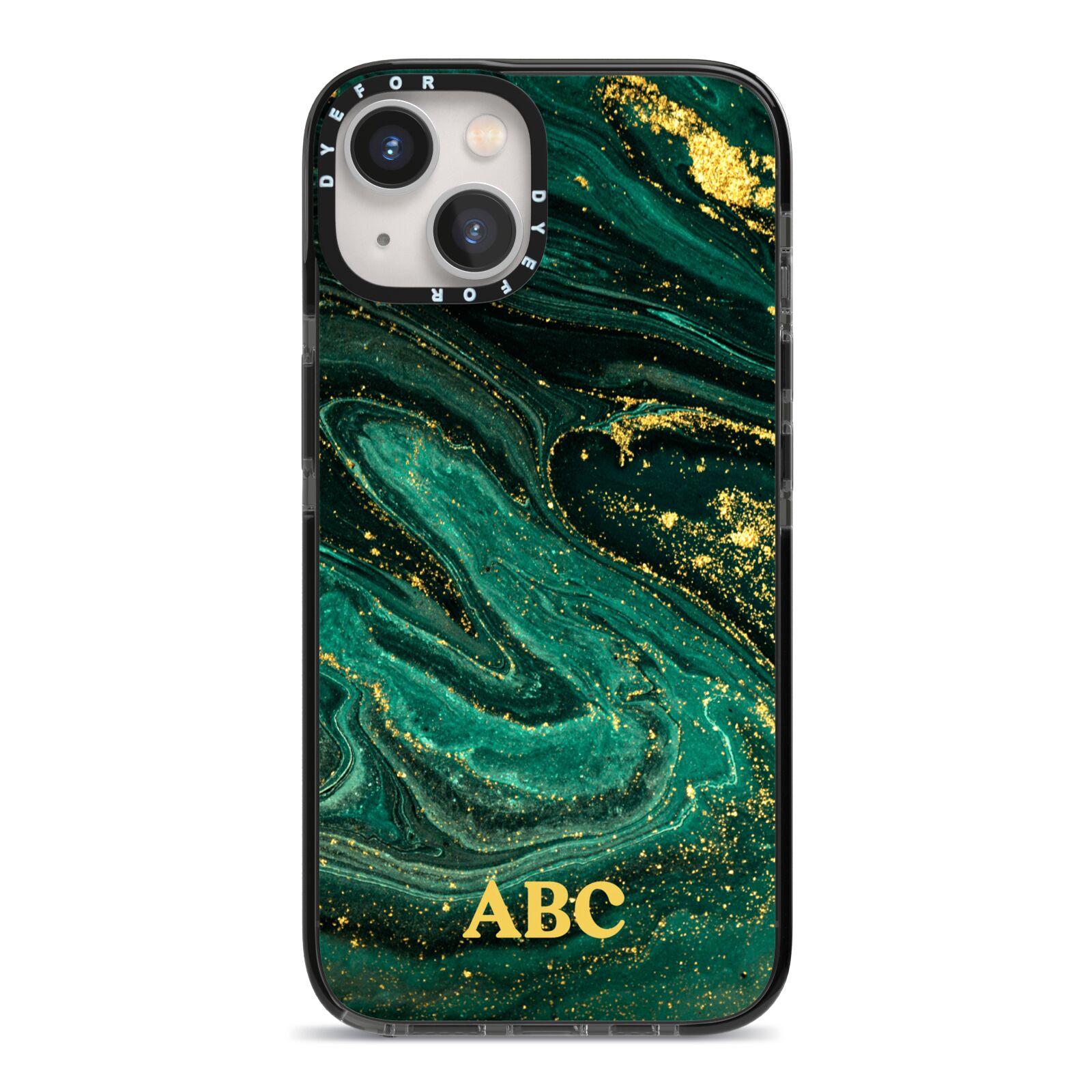Green Gold Marble Personalised Initial iPhone 13 Black Impact Case on Silver phone