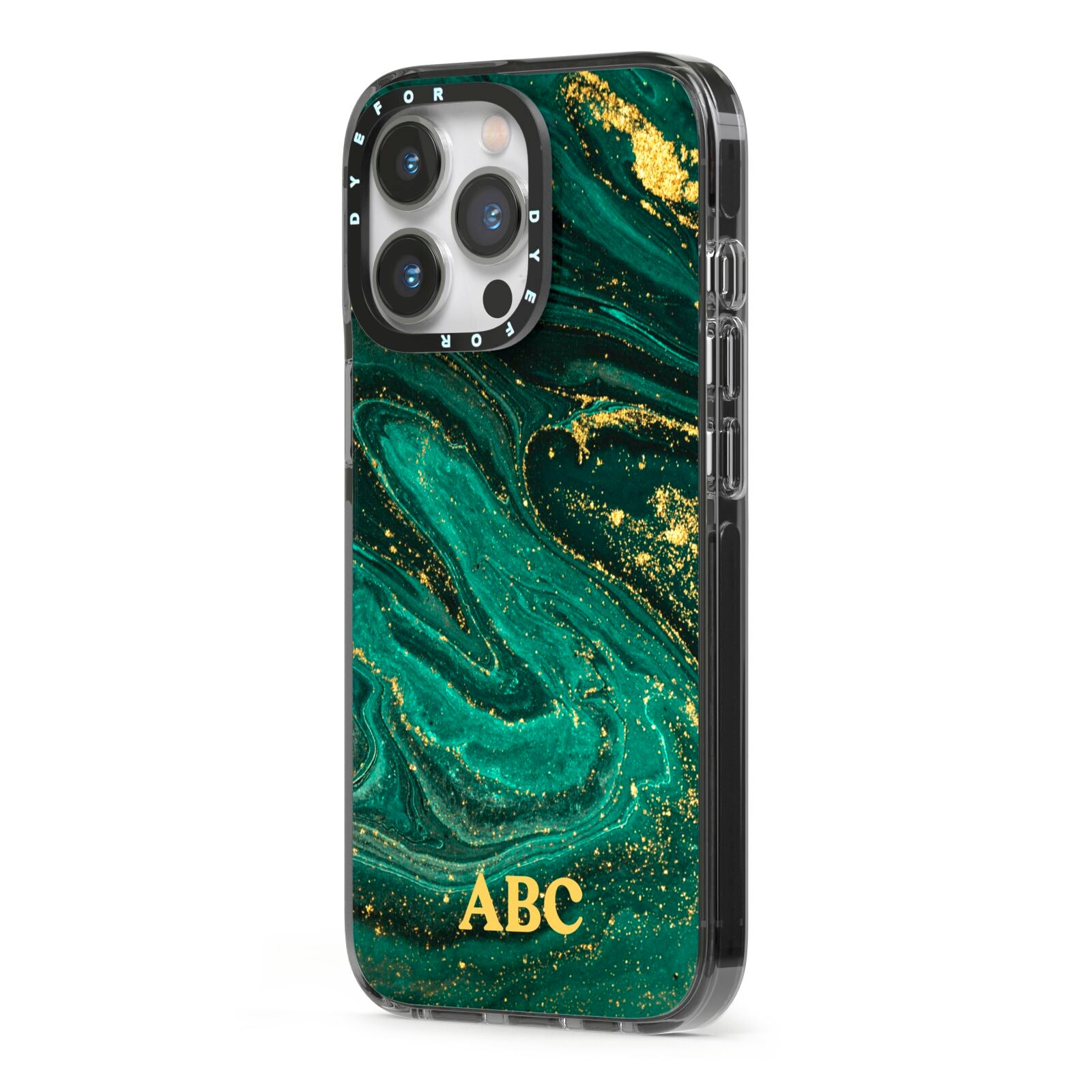Green Gold Marble Personalised Initial iPhone 13 Pro Black Impact Case Side Angle on Silver phone