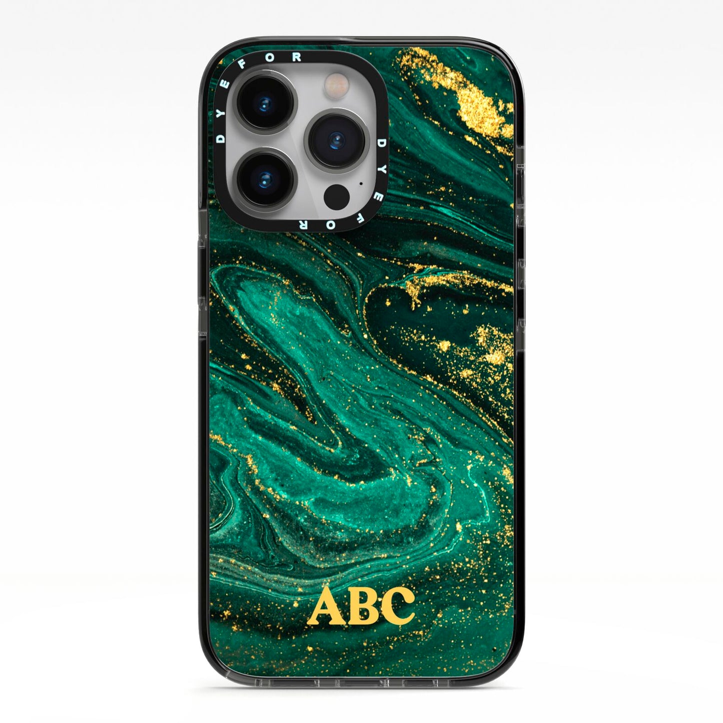 Green Gold Marble Personalised Initial iPhone 13 Pro Black Impact Case on Silver phone