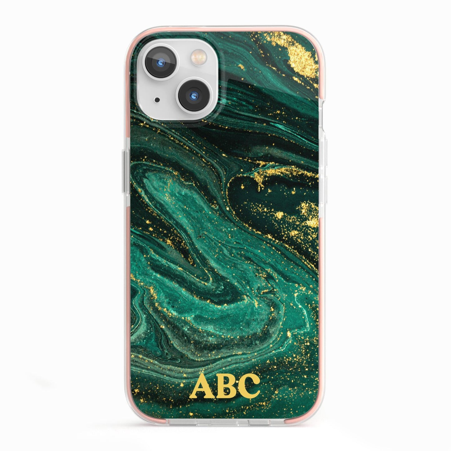Green Gold Marble Personalised Initial iPhone 13 TPU Impact Case with Pink Edges