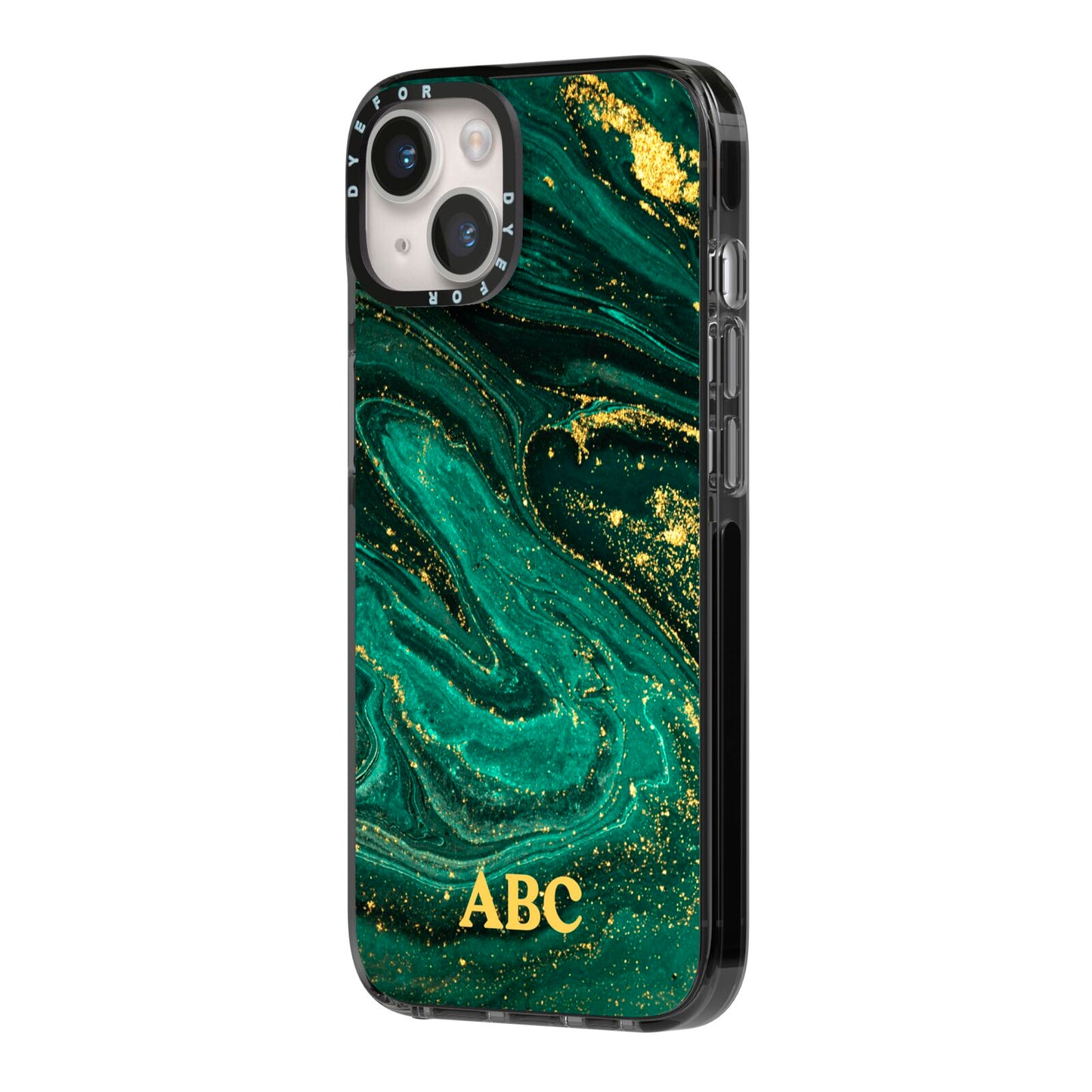 Green Gold Marble Personalised Initial iPhone 14 Black Impact Case Side Angle on Silver phone