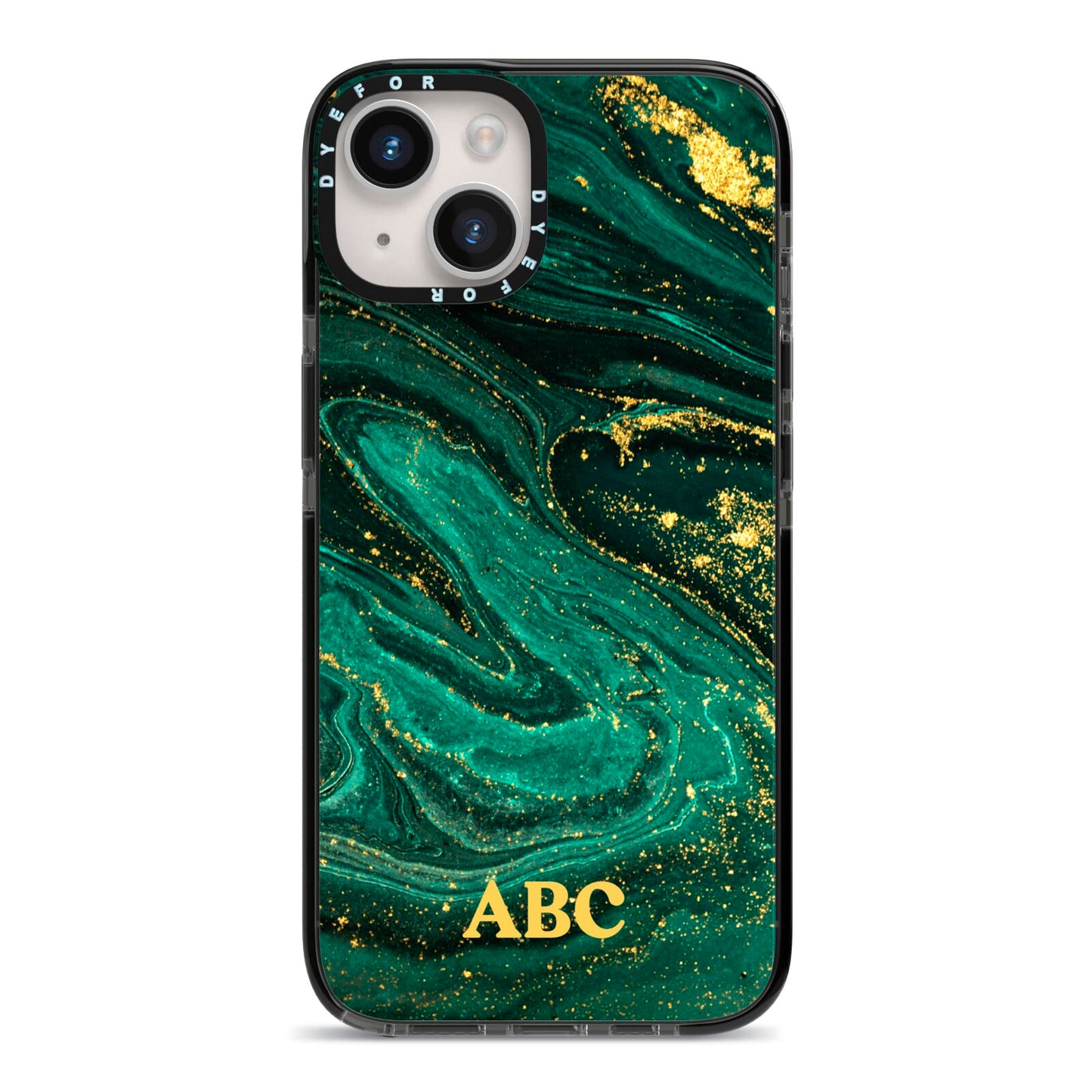 Green Gold Marble Personalised Initial iPhone 14 Black Impact Case on Silver phone