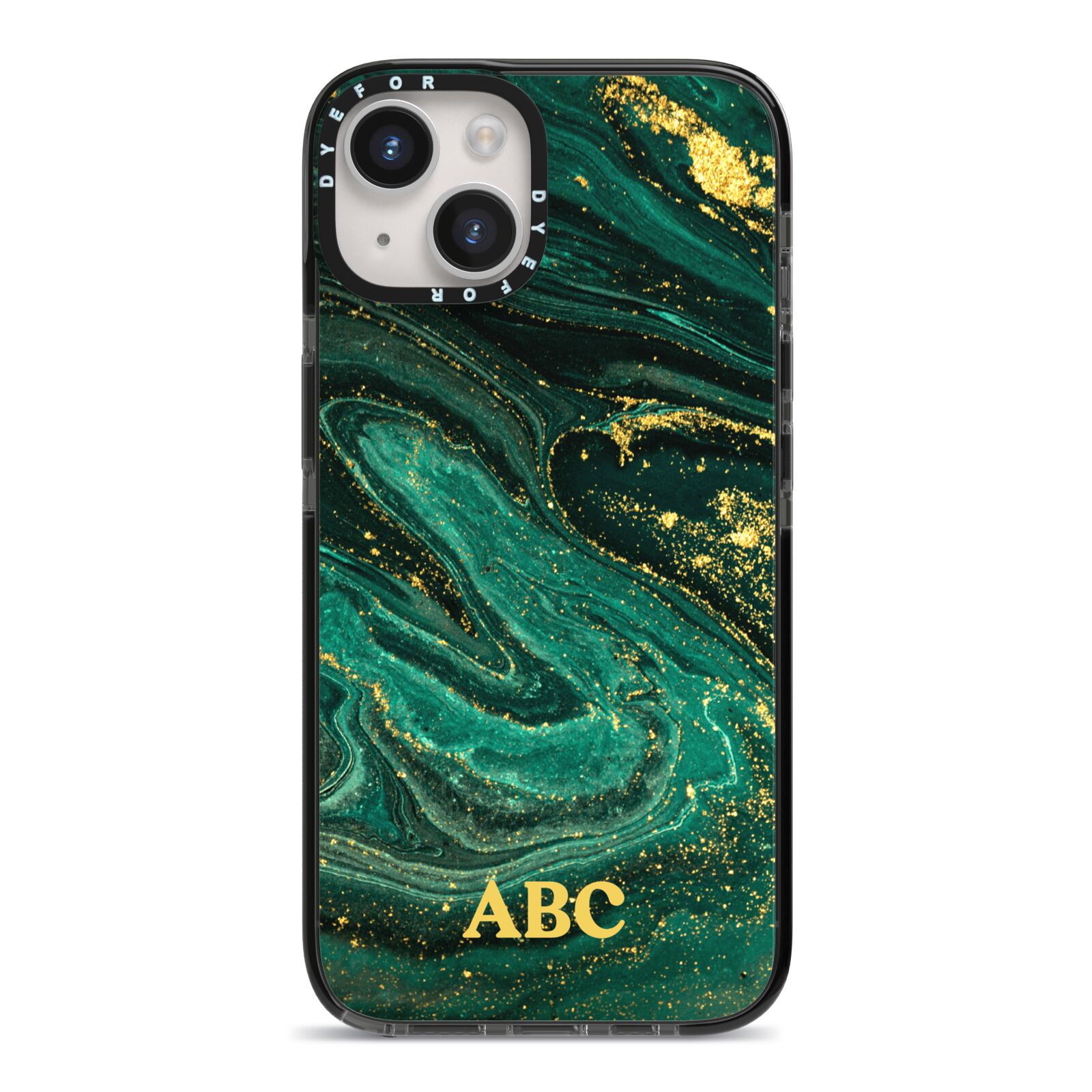 Green Gold Marble Personalised Initial iPhone 14 Black Impact Case on Silver phone