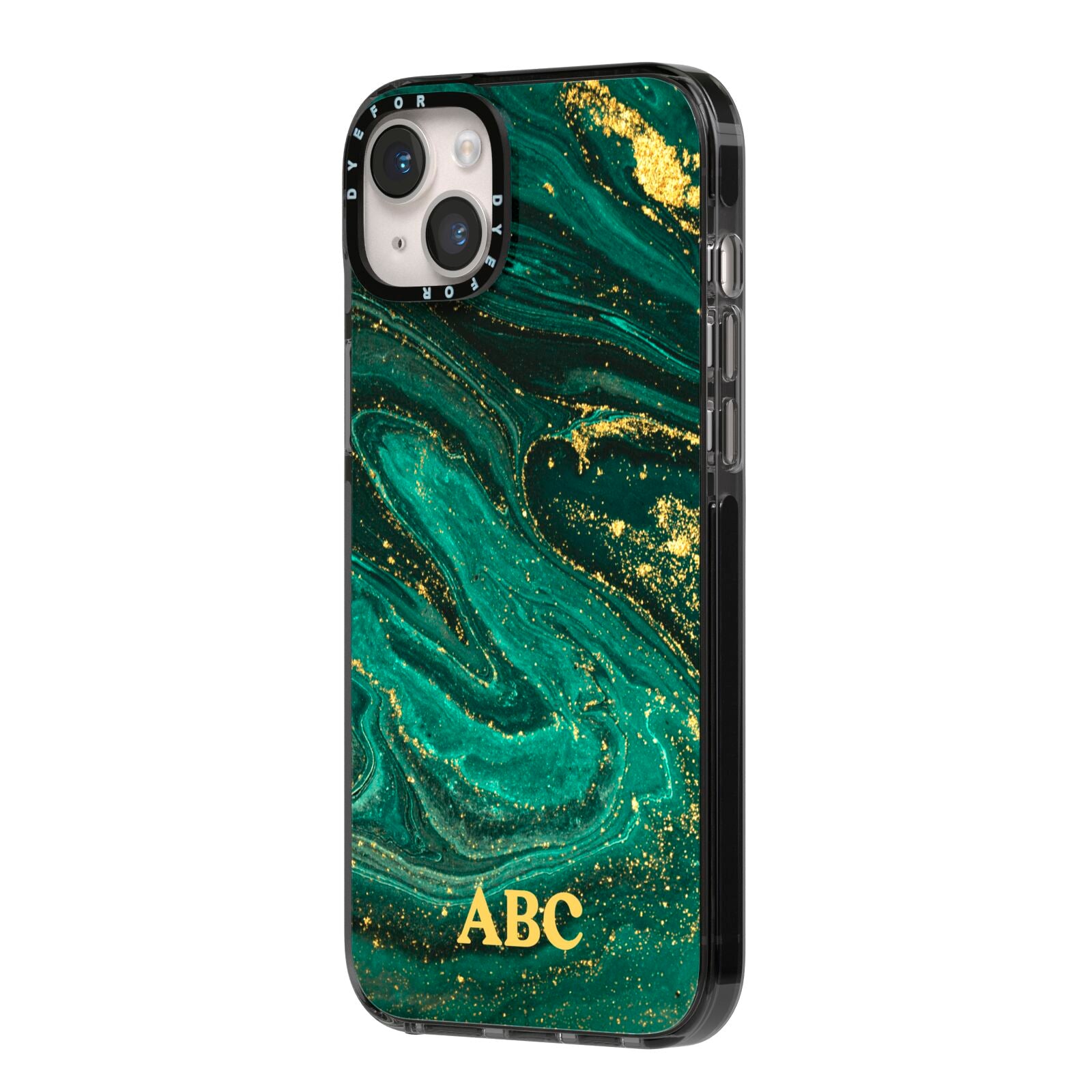 Green Gold Marble Personalised Initial iPhone 14 Plus Black Impact Case Side Angle on Silver phone