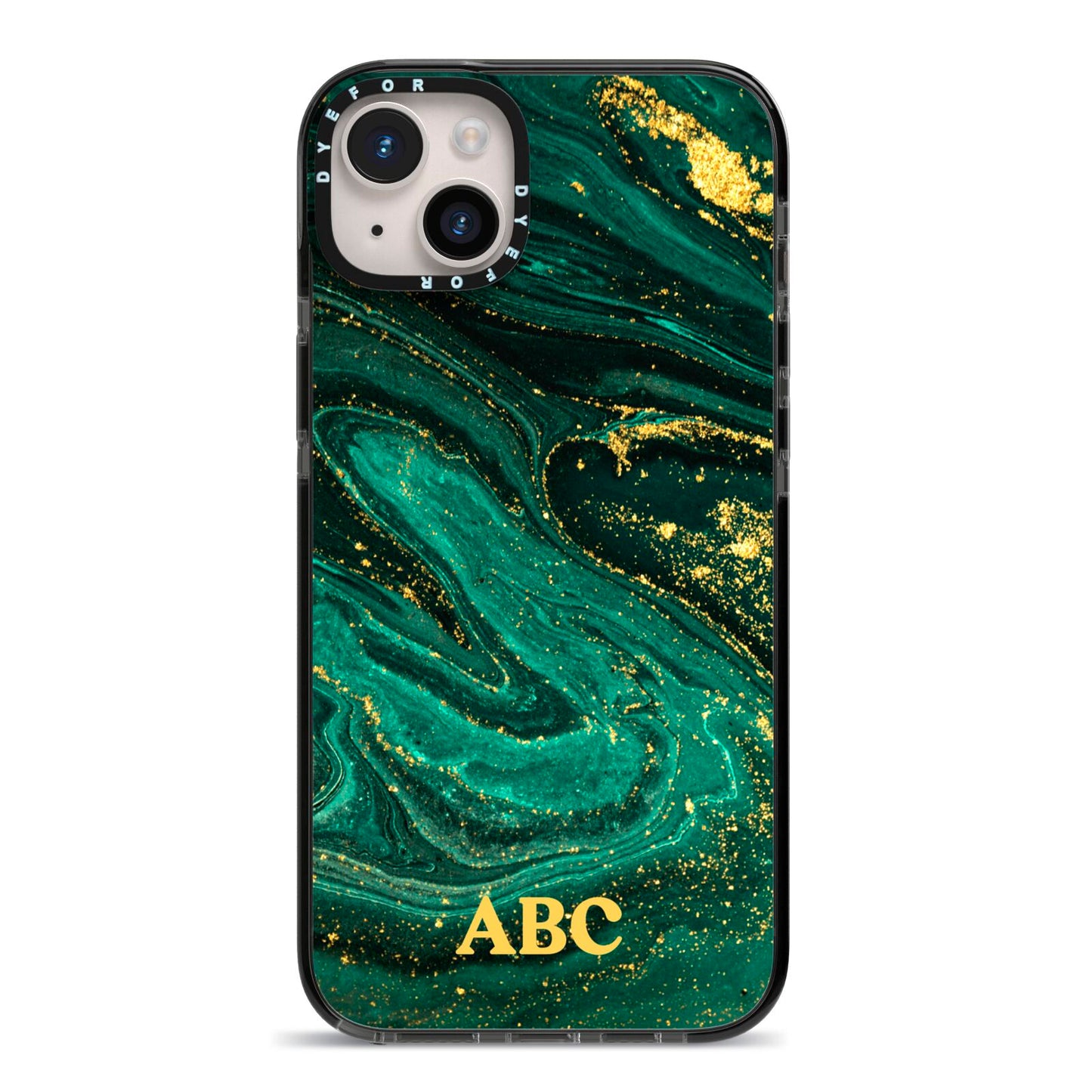 Green Gold Marble Personalised Initial iPhone 14 Plus Black Impact Case on Silver phone