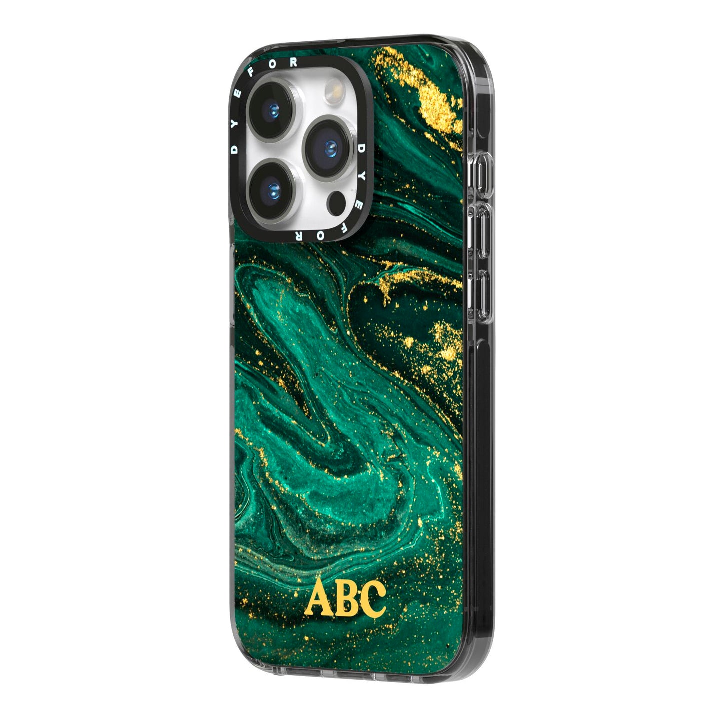 Green Gold Marble Personalised Initial iPhone 14 Pro Black Impact Case Side Angle on Silver phone