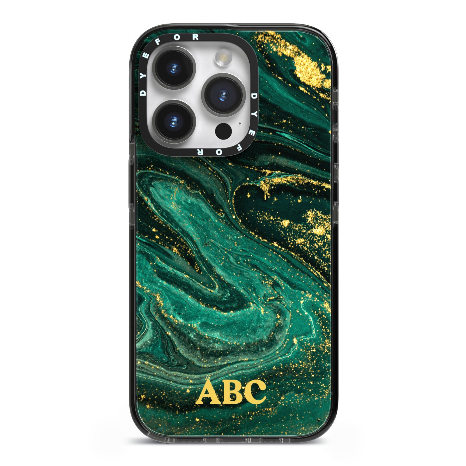 Green Gold Marble Personalised Initial iPhone 14 Pro Black Impact Case on Silver phone