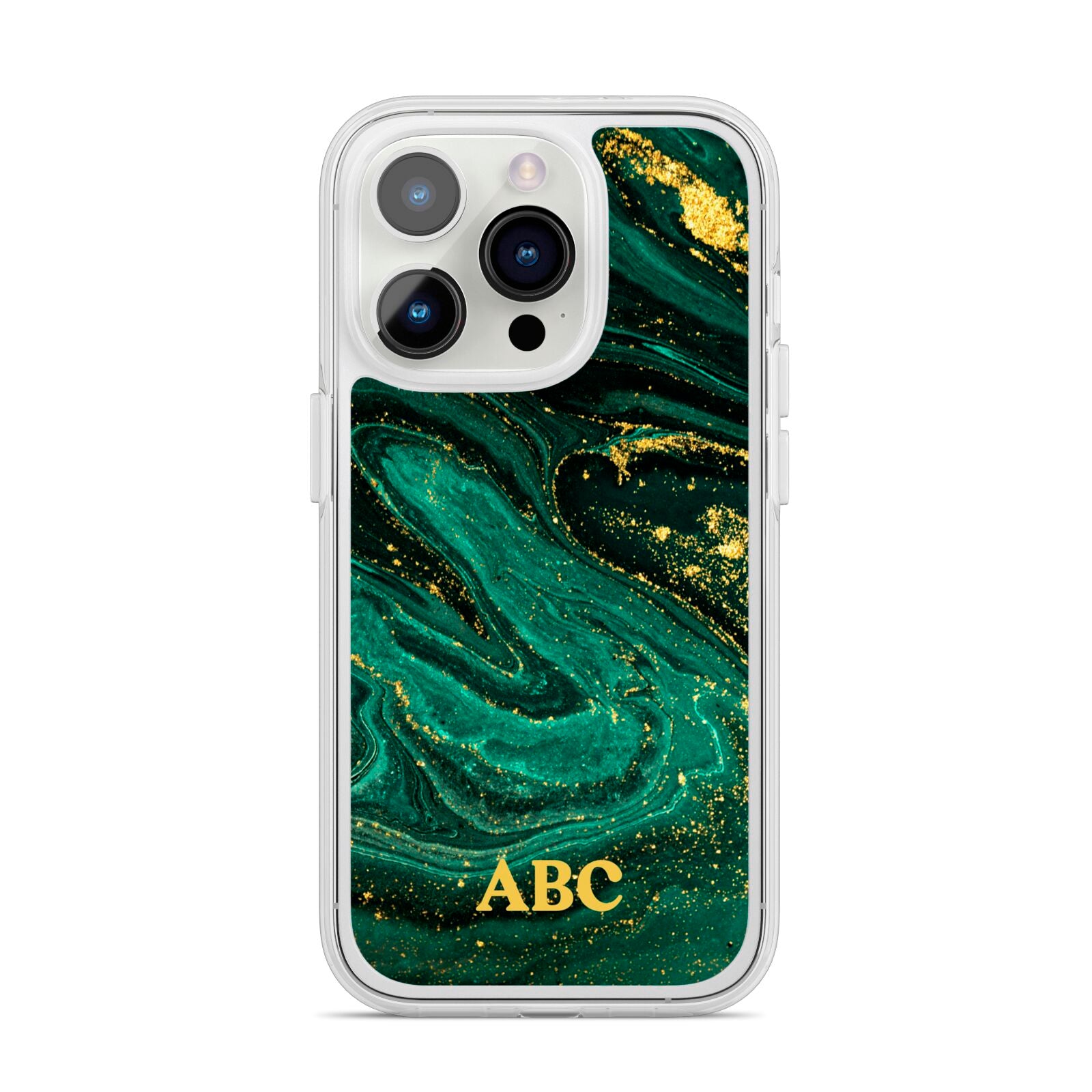 Green Gold Marble Personalised Initial iPhone 14 Pro Clear Tough Case Silver