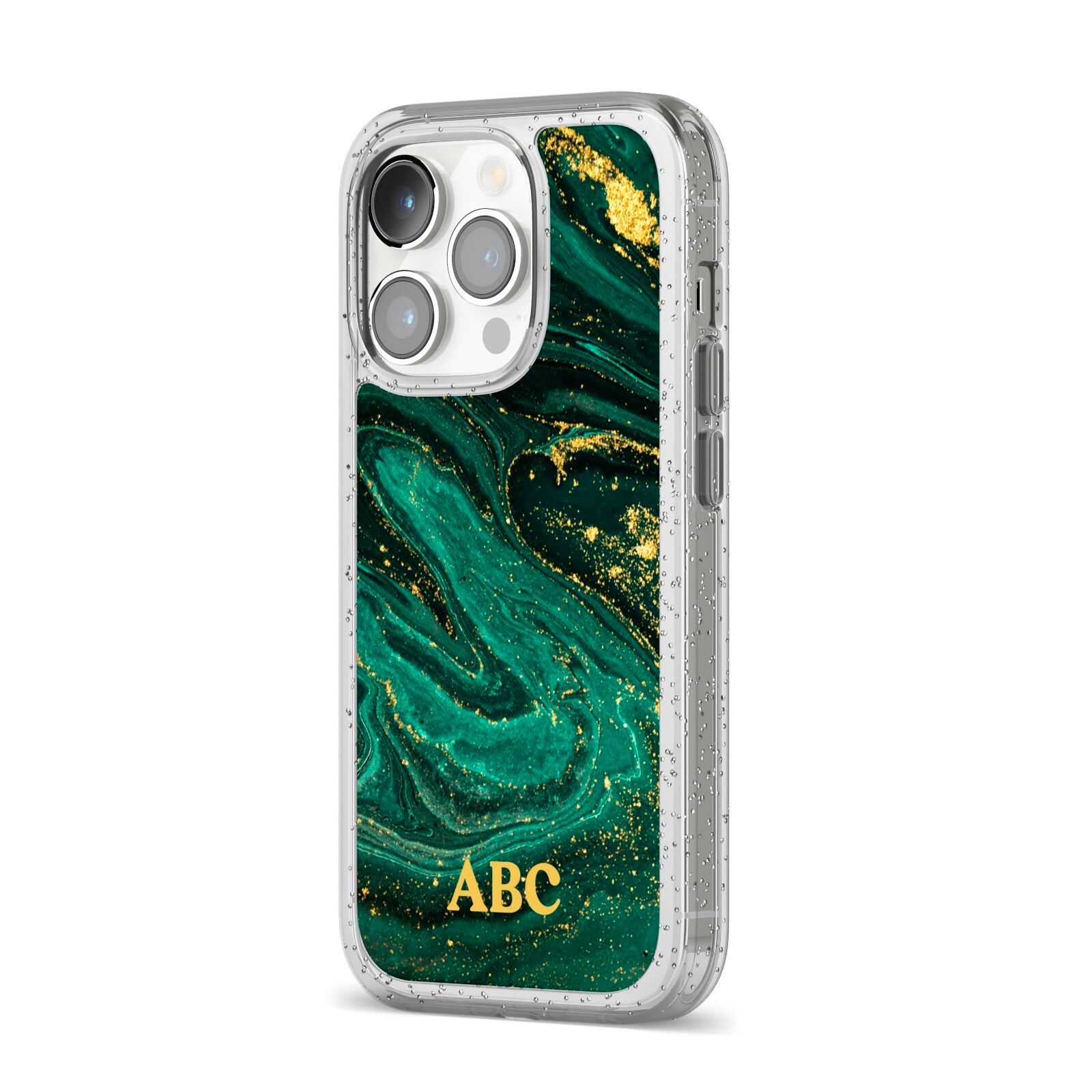 Green Gold Marble Personalised Initial iPhone 14 Pro Glitter Tough Case Silver Angled Image