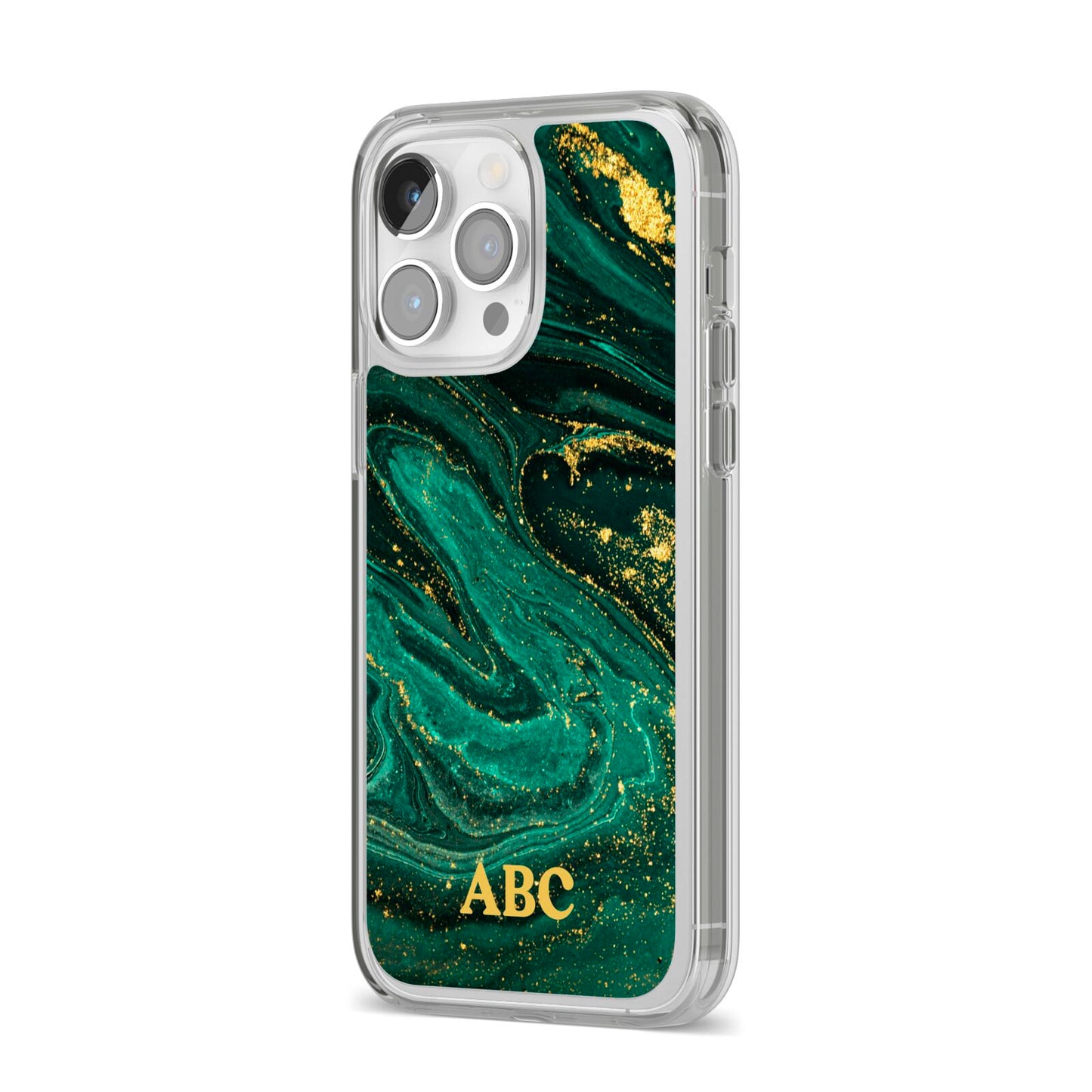 Green Gold Marble Personalised Initial iPhone 14 Pro Max Clear Tough Case Silver Angled Image