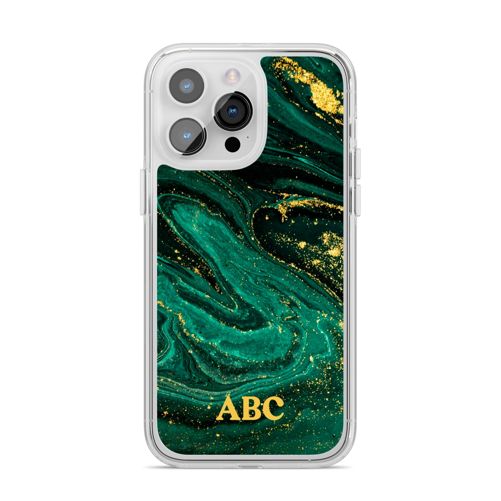 Green Gold Marble Personalised Initial iPhone 14 Pro Max Clear Tough Case Silver