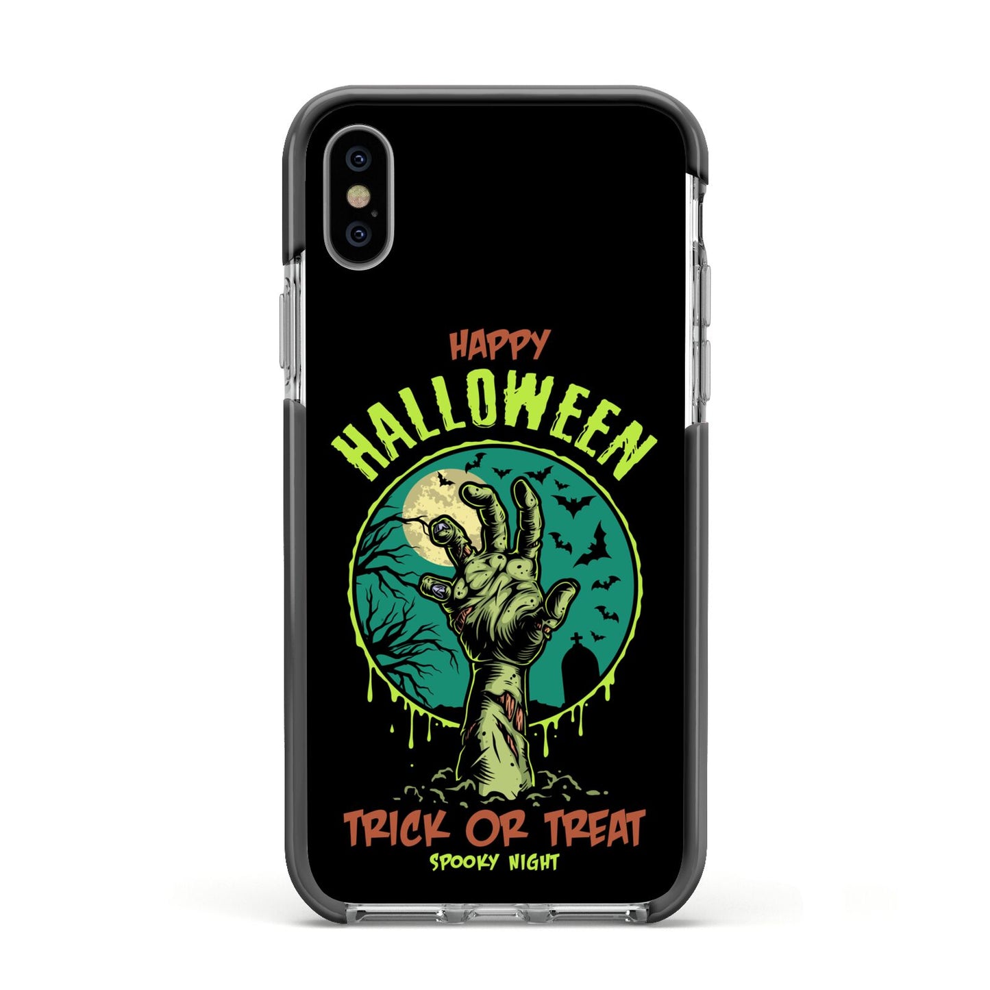 Halloween Zombie Hand Apple iPhone Xs Impact Case Black Edge on Silver Phone