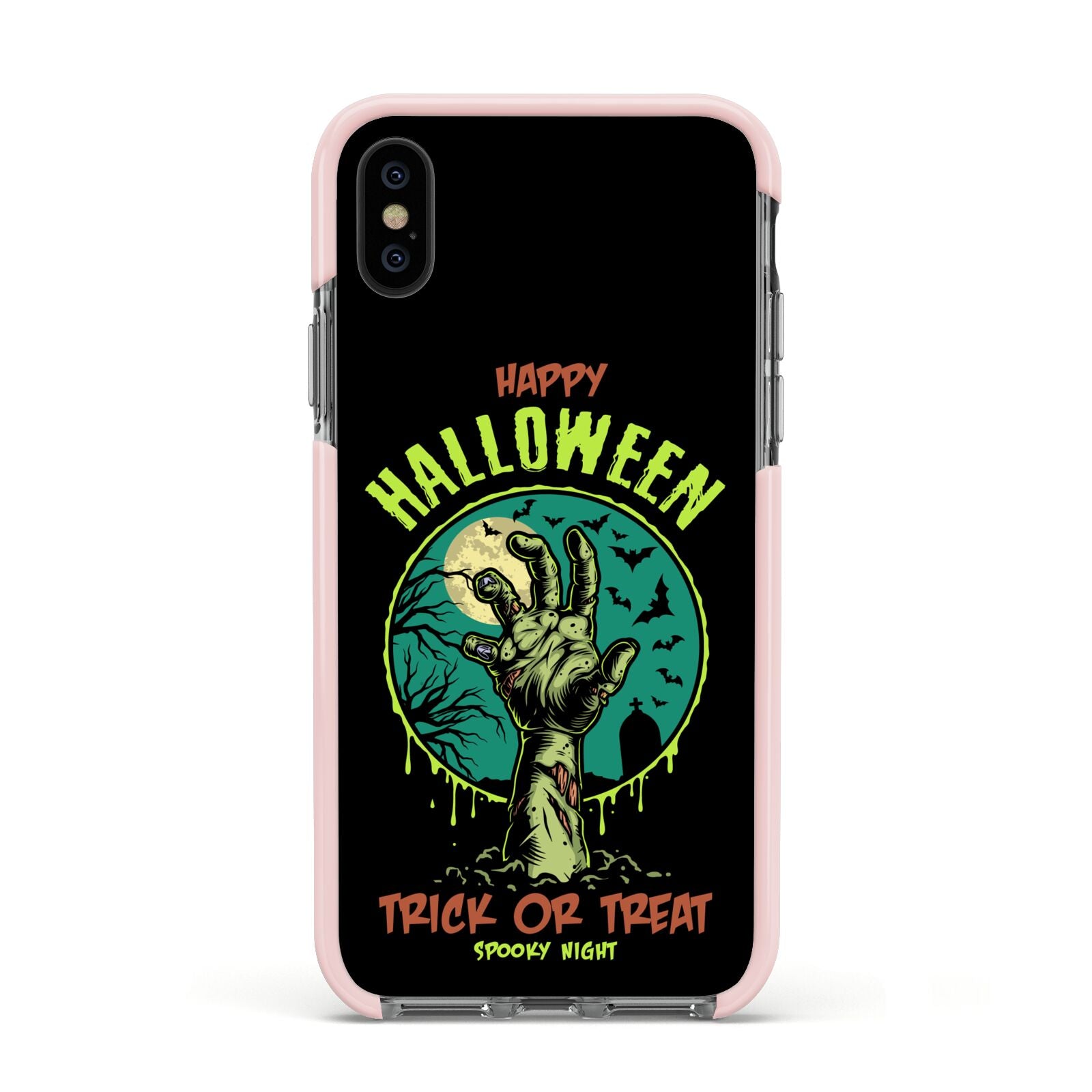 Halloween Zombie Hand Apple iPhone Xs Impact Case Pink Edge on Black Phone