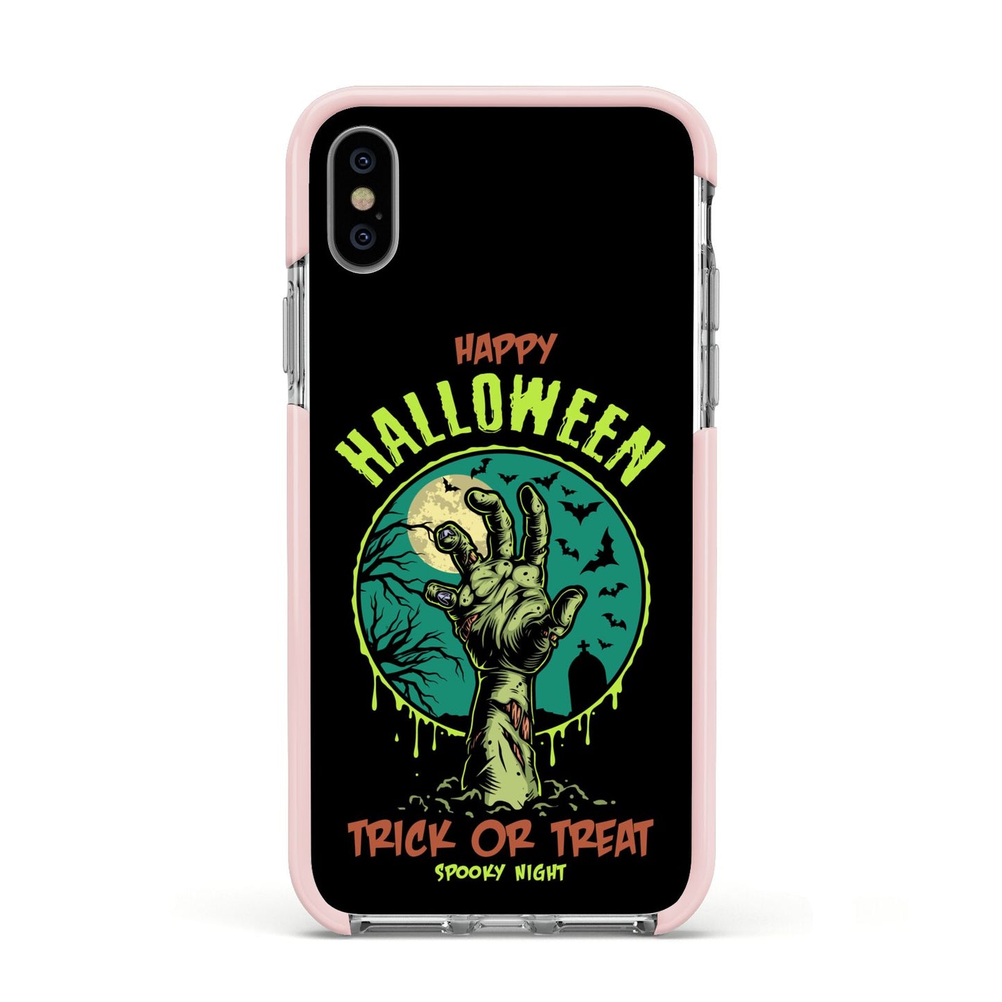 Halloween Zombie Hand Apple iPhone Xs Impact Case Pink Edge on Silver Phone