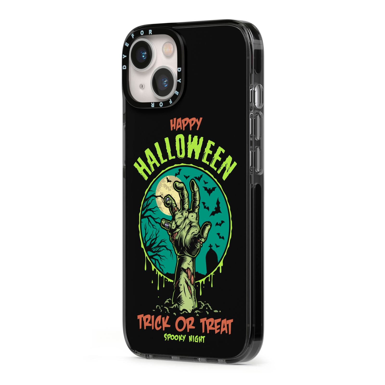 Halloween Zombie Hand iPhone 13 Black Impact Case Side Angle on Silver phone
