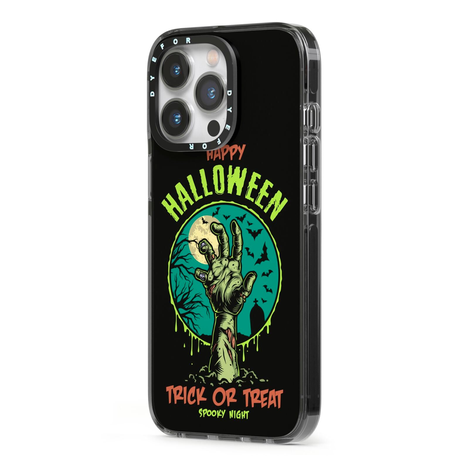 Halloween Zombie Hand iPhone 13 Pro Black Impact Case Side Angle on Silver phone
