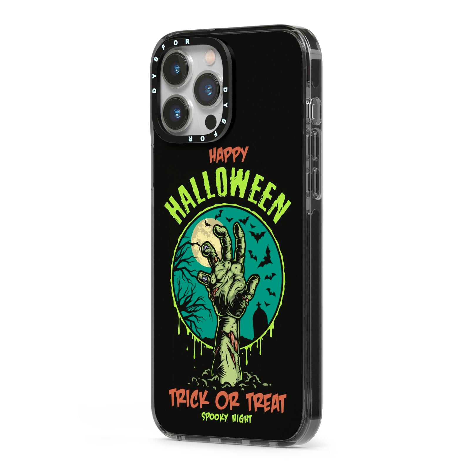 Halloween Zombie Hand iPhone 13 Pro Max Black Impact Case Side Angle on Silver phone