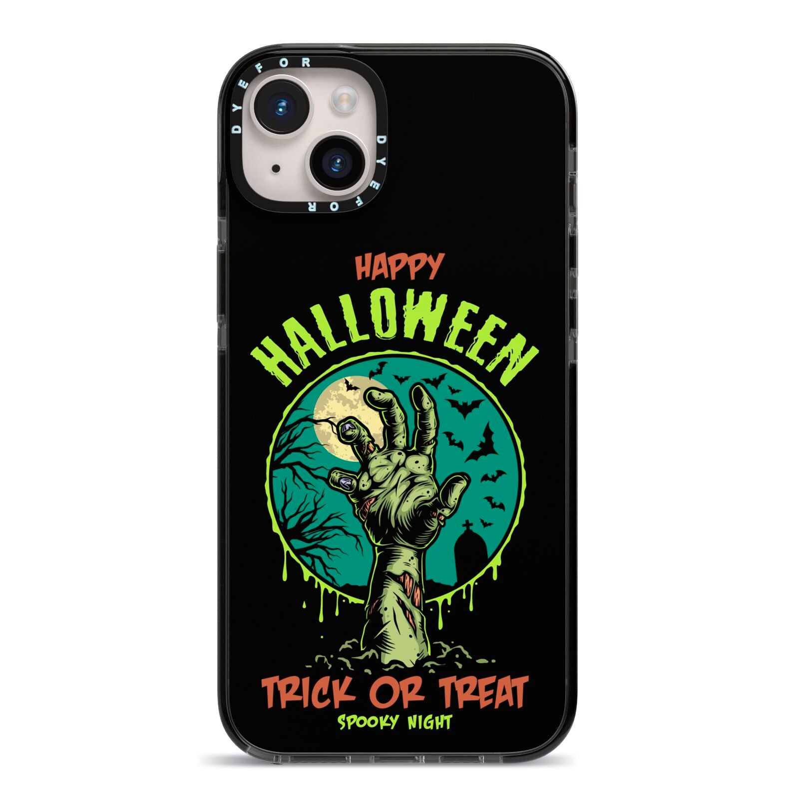 Halloween Zombie Hand iPhone 14 Plus Black Impact Case on Silver phone