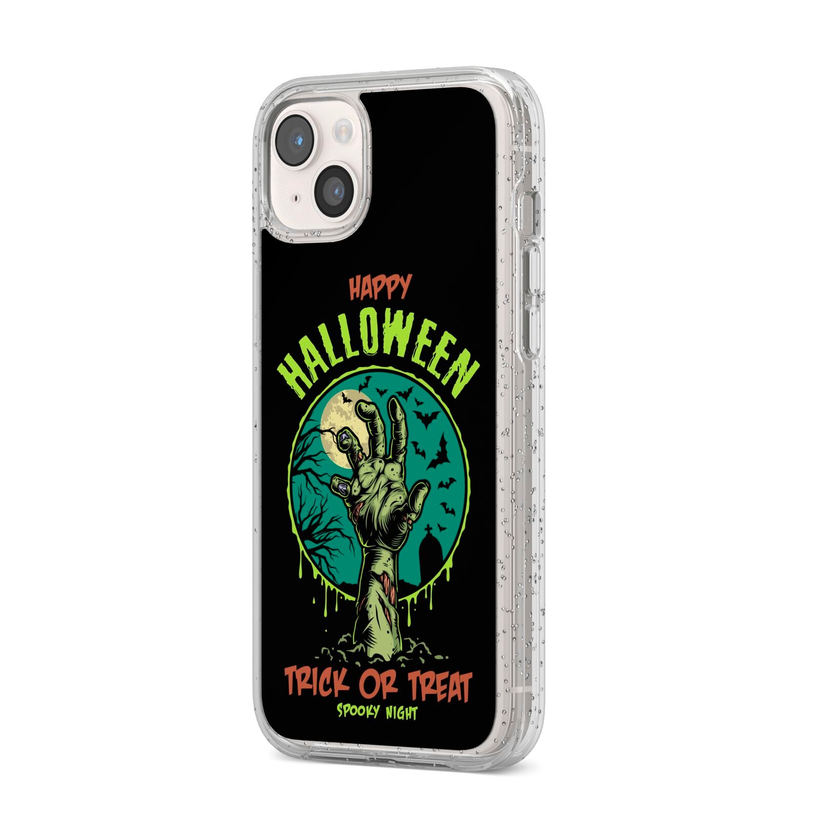 Halloween Zombie Hand iPhone 14 Plus Glitter Tough Case Starlight Angled Image