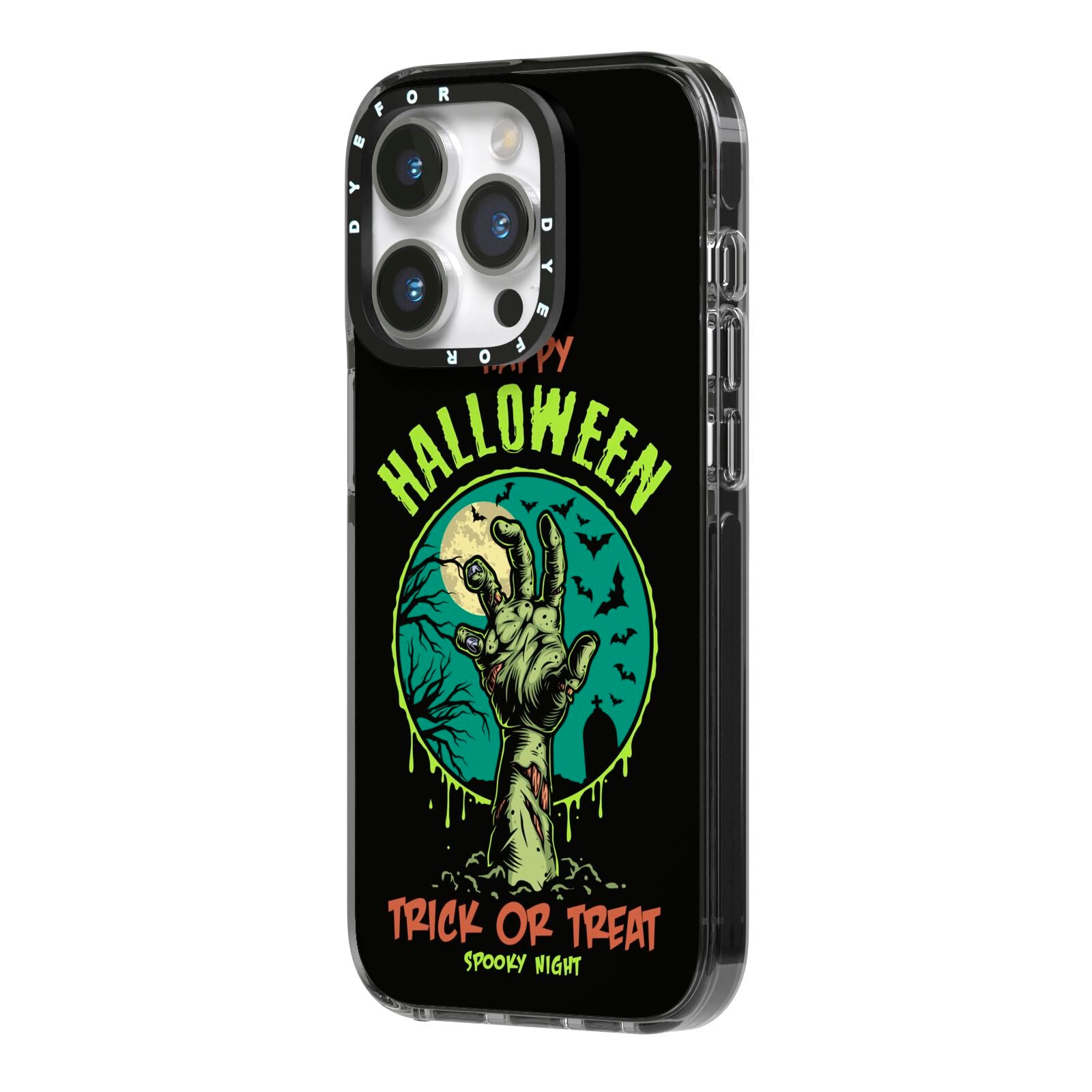 Halloween Zombie Hand iPhone 14 Pro Black Impact Case Side Angle on Silver phone