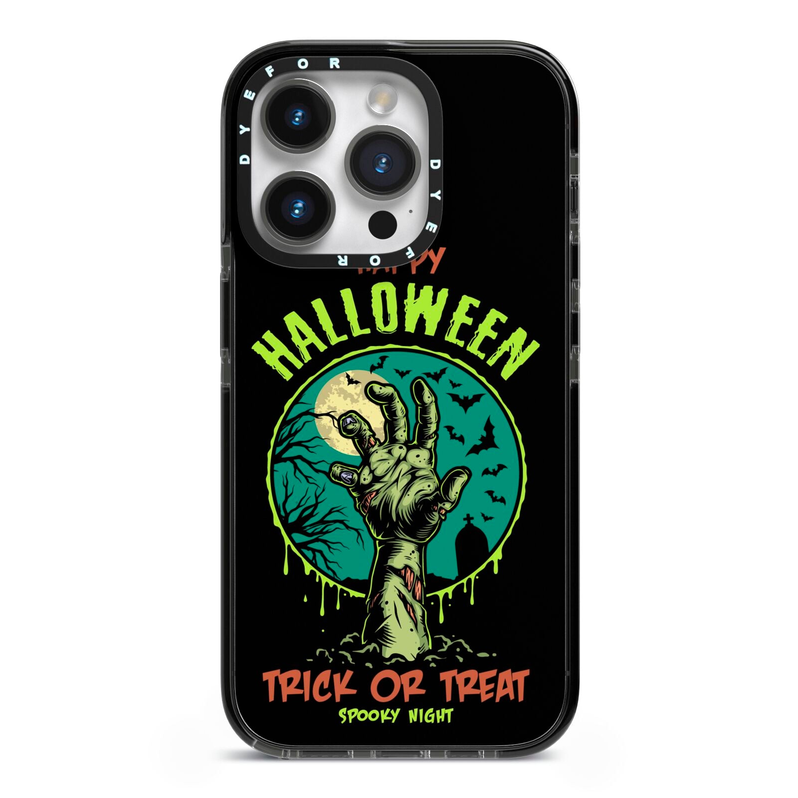 Halloween Zombie Hand iPhone 14 Pro Black Impact Case on Silver phone